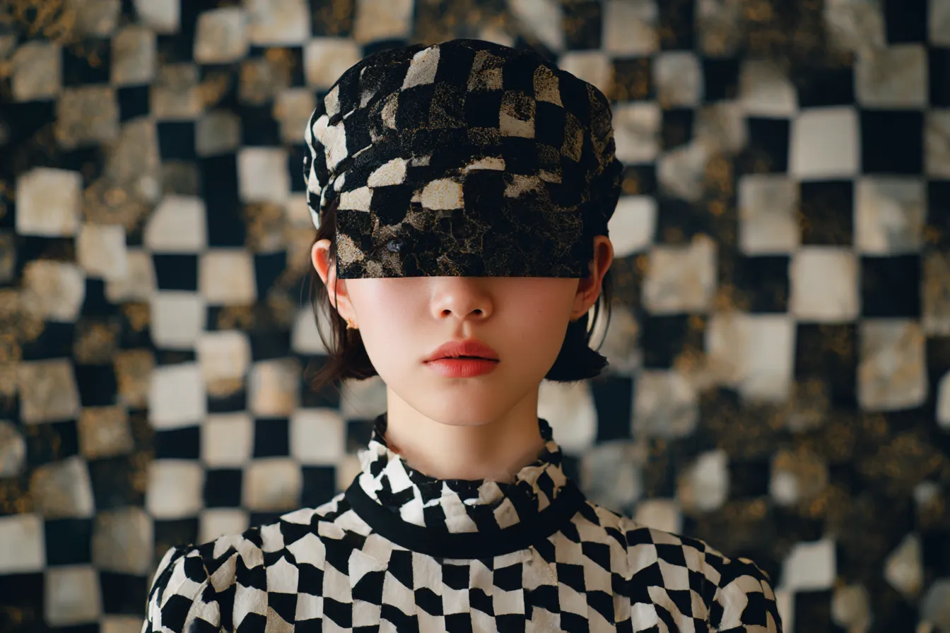 チェック柄背景と帽子の少女｜白黒の不規則なチェック柄が全体を覆い、ファッション性と現代的アート性が共存する個性的な背景素材です。