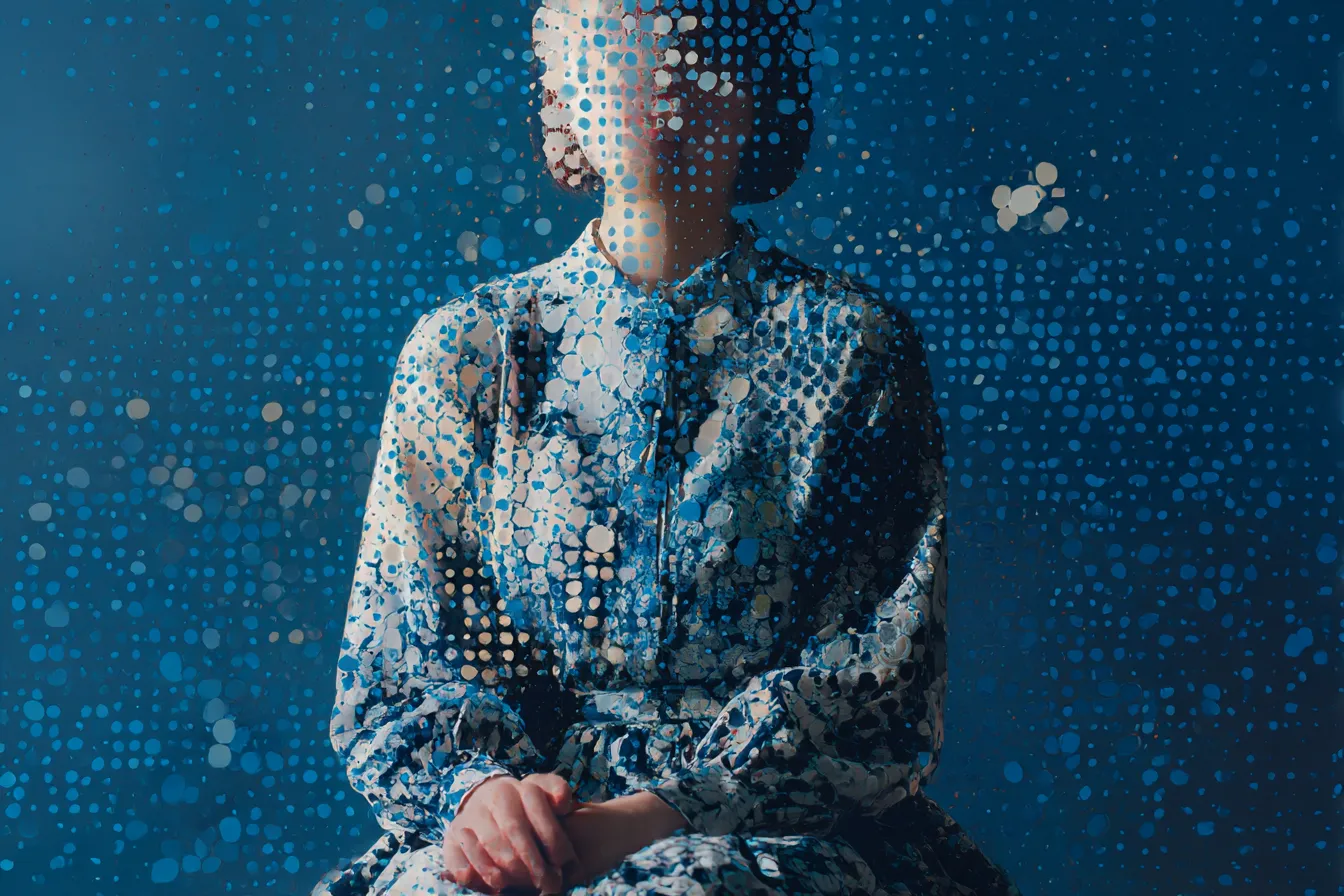 ドット背景に溶け込む女性の肖像｜青系の濃淡によるドットが人物に重なり、存在が背景と融合するような錯視的演出がユニークなドット背景素材です。