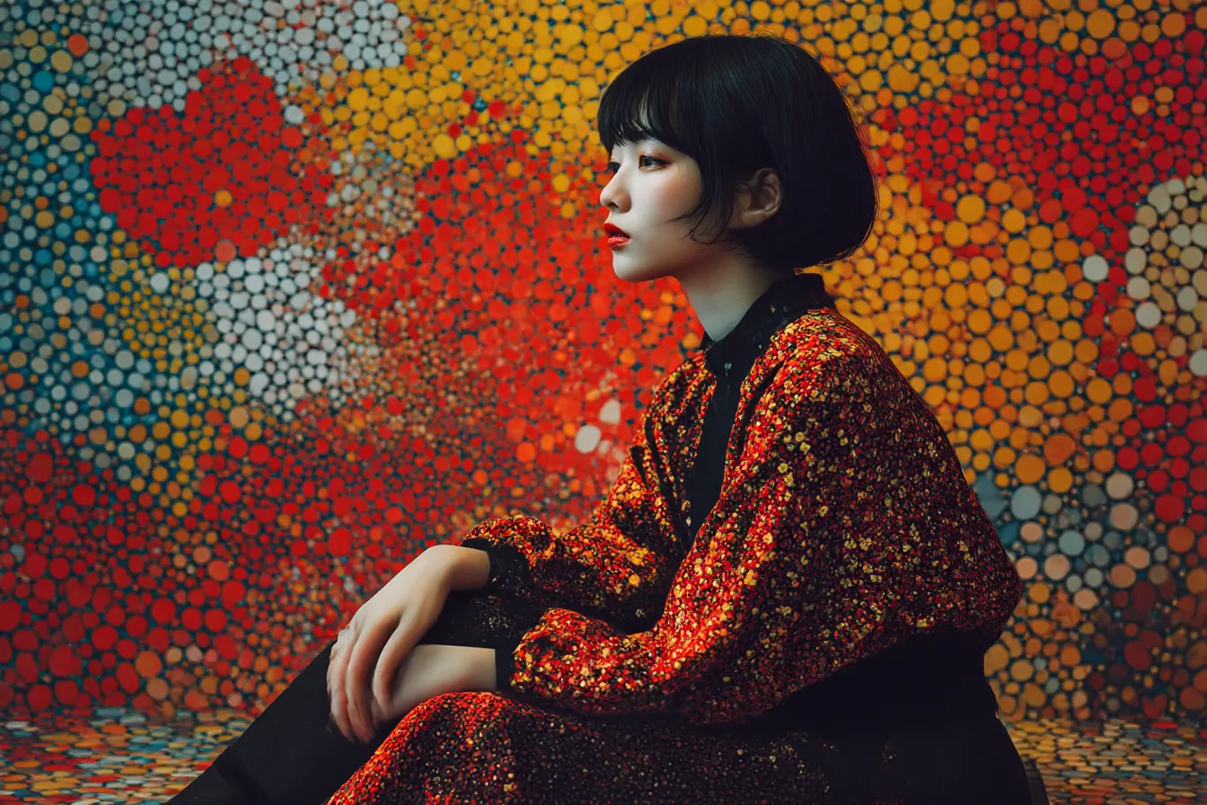 カラフルドット背景と横顔の少女｜無数の色鮮やかなドットがポップアートのように広がり、人物の横顔とコントラストを成す印象的な背景素材です。