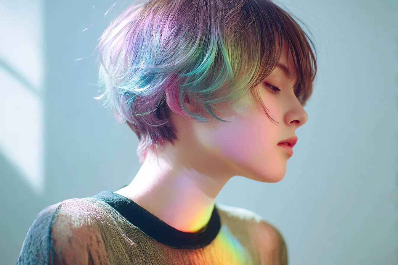 レインボー背景と横顔の女性｜柔らかな逆光と虹色の髪が調和するレインボー背景は、静謐な美しさを引き立て、ポートレートデザインに幻想的な深みを与える。
