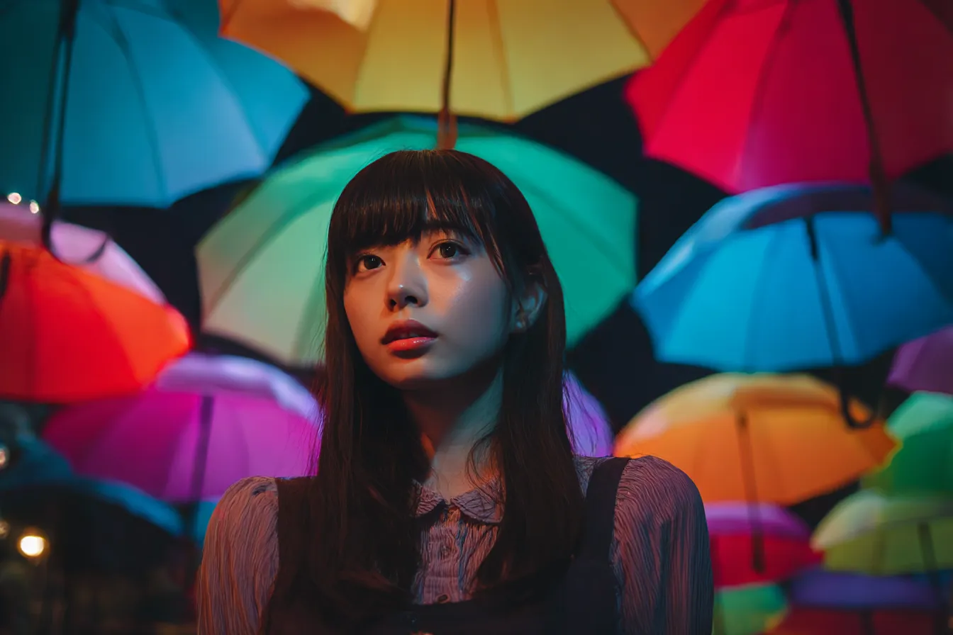 レインボー背景と見上げる女性｜ビビッドな傘が重なり合うレインボー背景が、人物の視線を際立たせる構図で、視覚的な印象とポップな空気感を醸し出す。