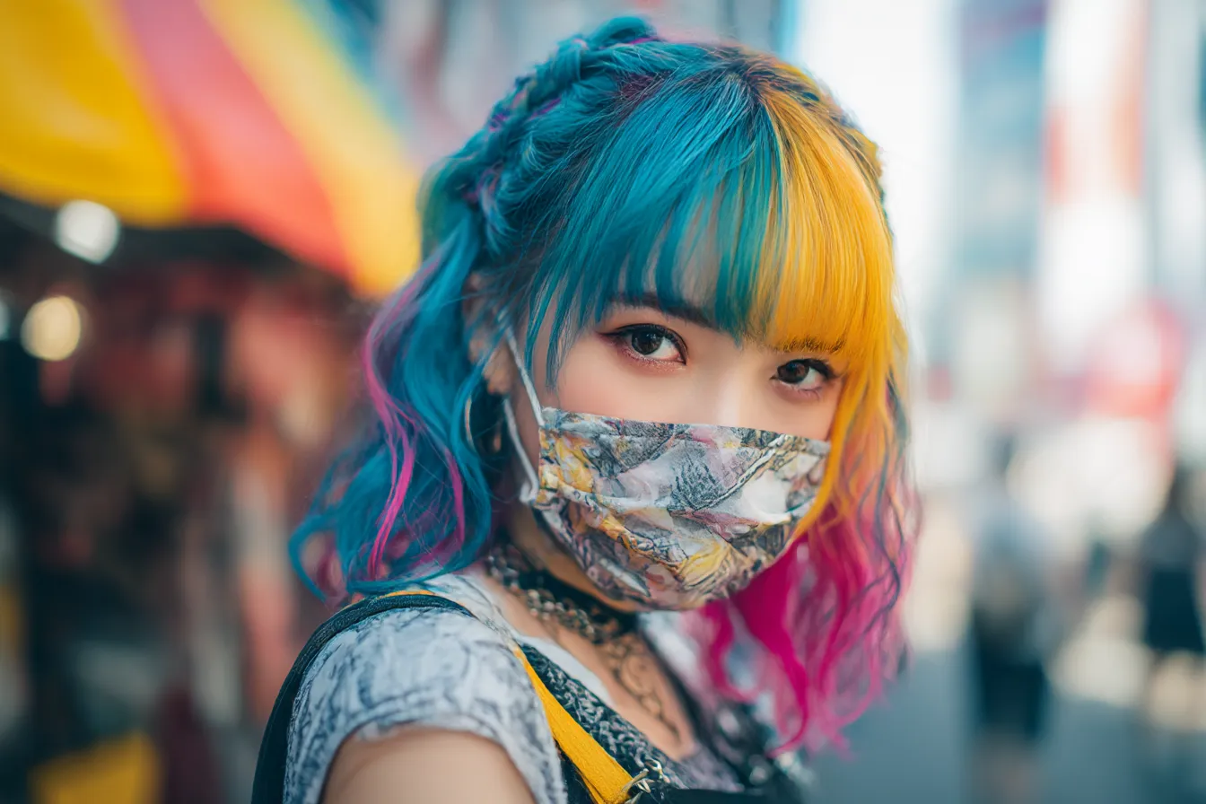 レインボー背景とマスクの少女｜都市の喧騒と鮮烈な髪色が融合するレインボー背景は、ストリート感とファッション性を高め、エッジの効いた表現を生む。