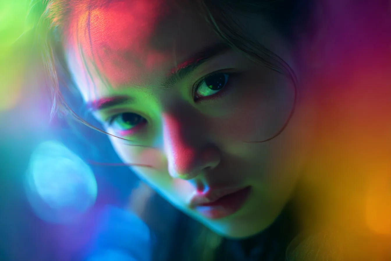 グラデーション背景と見つめる瞳｜視線を引き込む接写と幻想的な光彩が特徴で、グラデーション背景が肌に溶け込み、近未来的かつ詩的なポートレート表現に仕上がる。