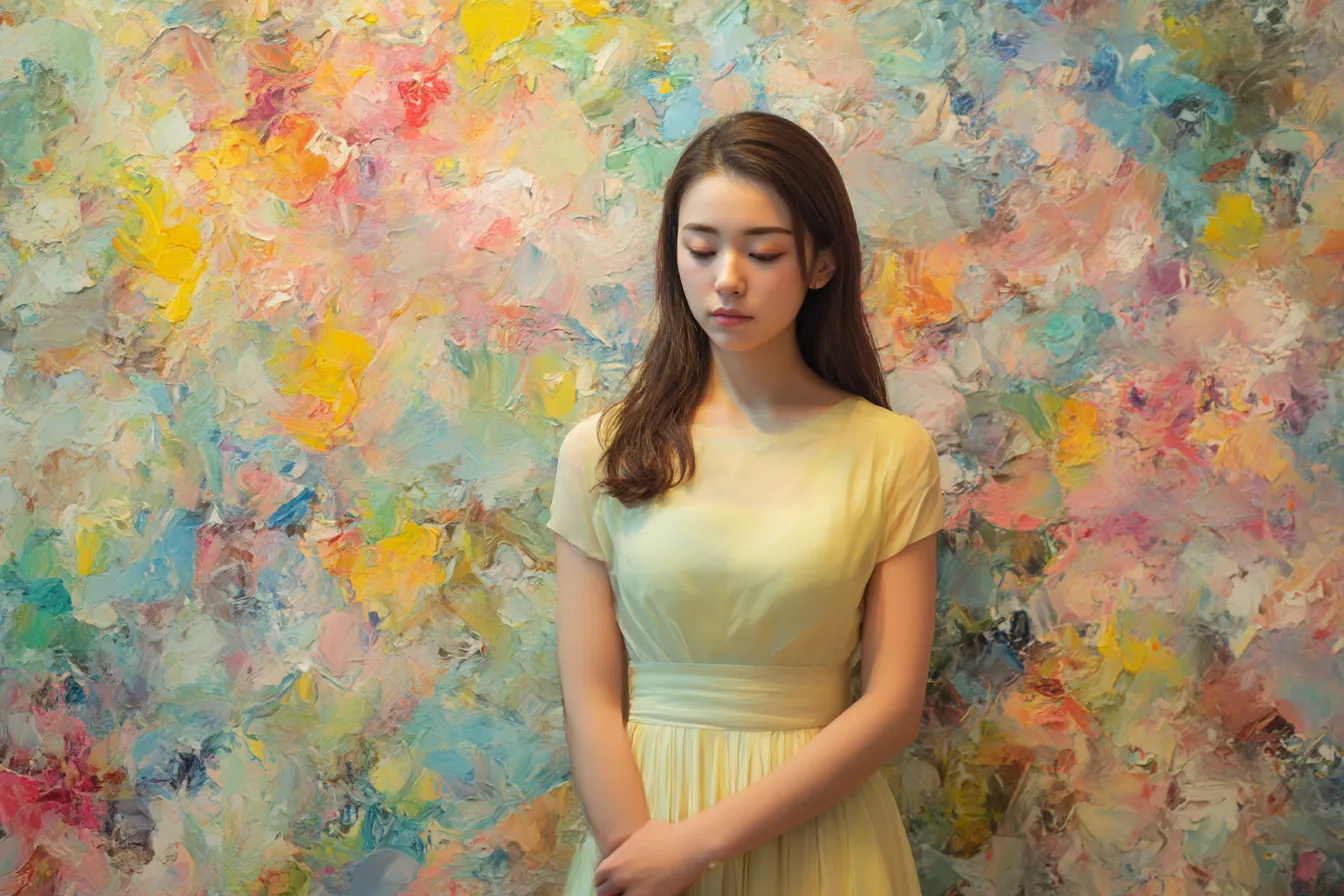 パステル背景とイエロードレスの女性｜油彩のような質感と色彩のゆらぎが特徴で、パステル背景が優雅な衣装と調和し、柔らかな空気感と静けさを演出する。