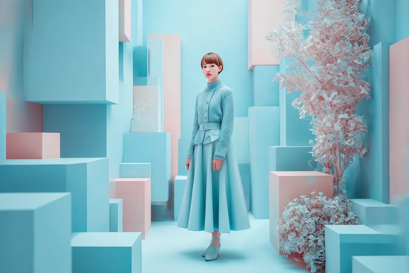 パステル背景とブルー服の女性｜立体感のある空間構成と淡い配色により、パステル背景が未来的で洗練された雰囲気を生み、女性の存在感を際立たせている。
