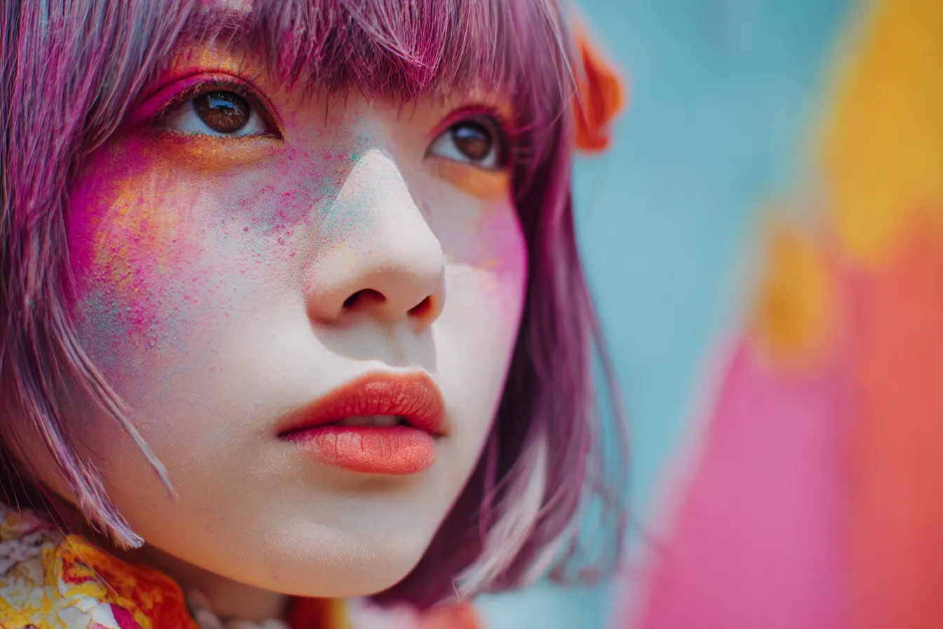 パステル背景と彩色メイクの少女｜大胆なフェイスペイントと澄んだ色彩が際立ち、パステル背景が視覚に軽快な刺激を与える現代的なアートポートレート。