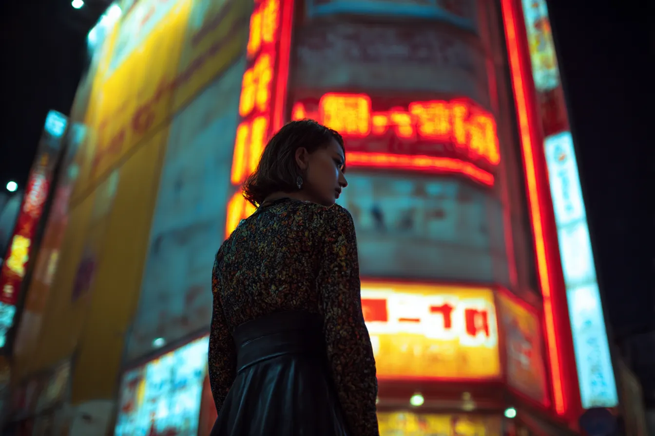 ネオン背景と振り返る女性｜夜の都市に浮かび上がる輪郭とネオン背景のコントラストが、緊張感と物語性を備えた都会的ビジュアルを際立たせている。