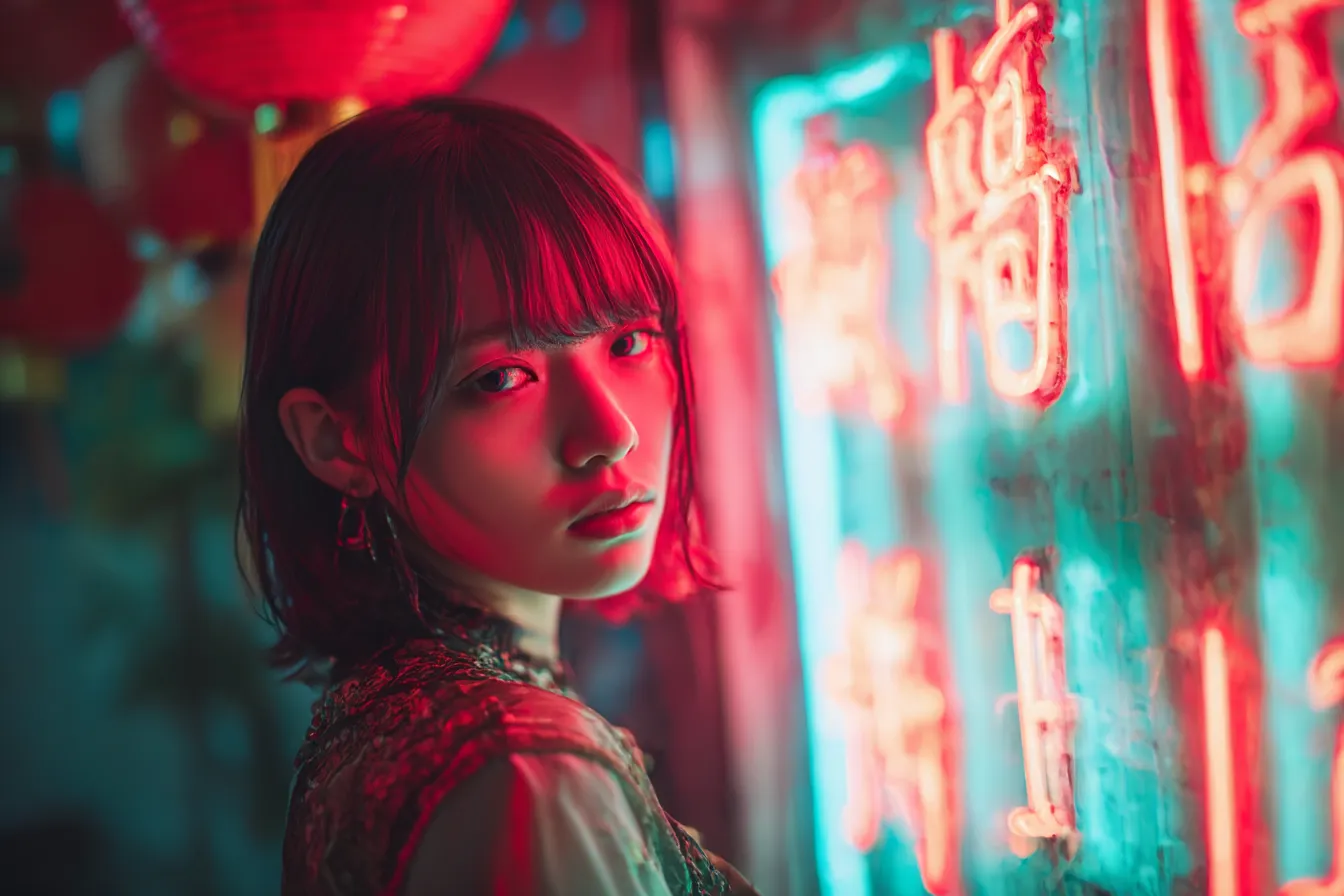 ネオン背景と赤い照明の少女｜赤と青の光が交差する中で表情が浮かび上がり、ネオン背景がエッジの効いたストリート感と退廃的なムードを生み出す。