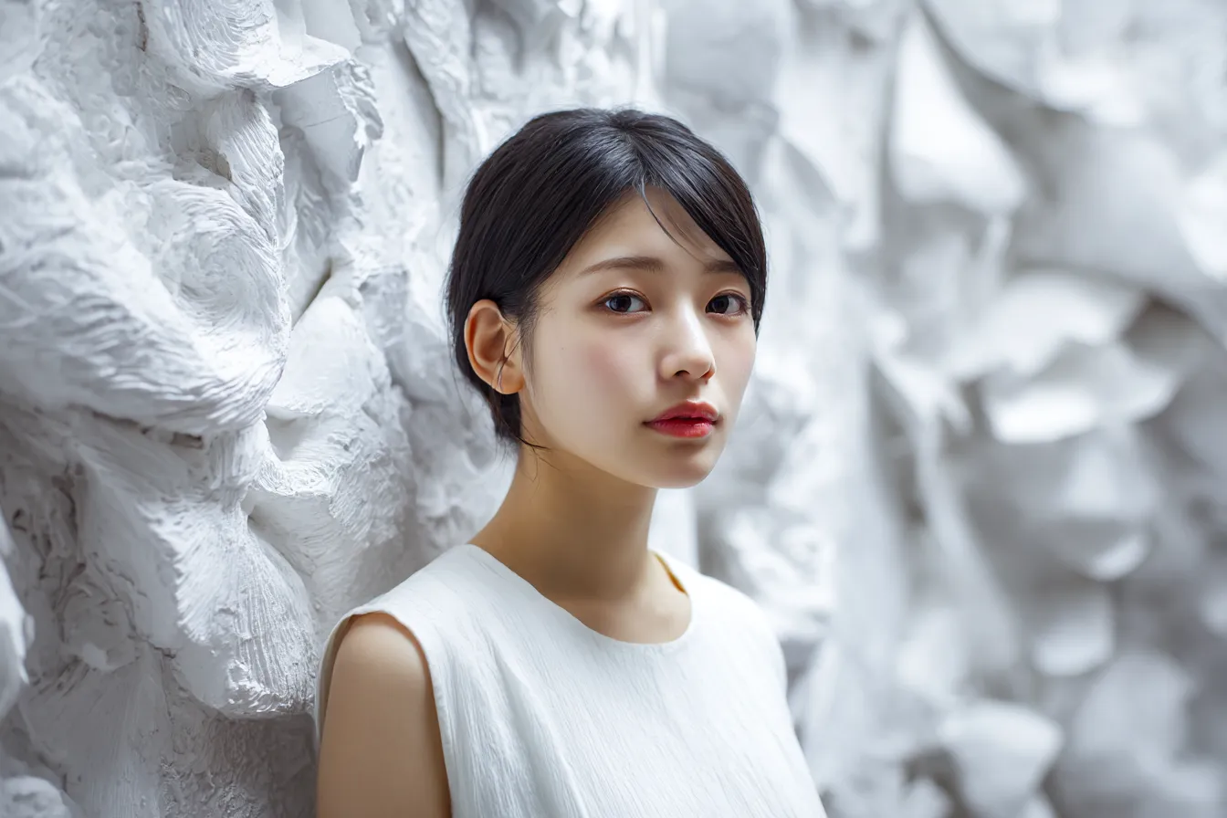 白の衣装の女性と彫刻的背景｜凹凸ある彫刻のような白の背景が衣装と調和し、立体感と静寂を兼ね備えたデザイン素材として完成度が高い。