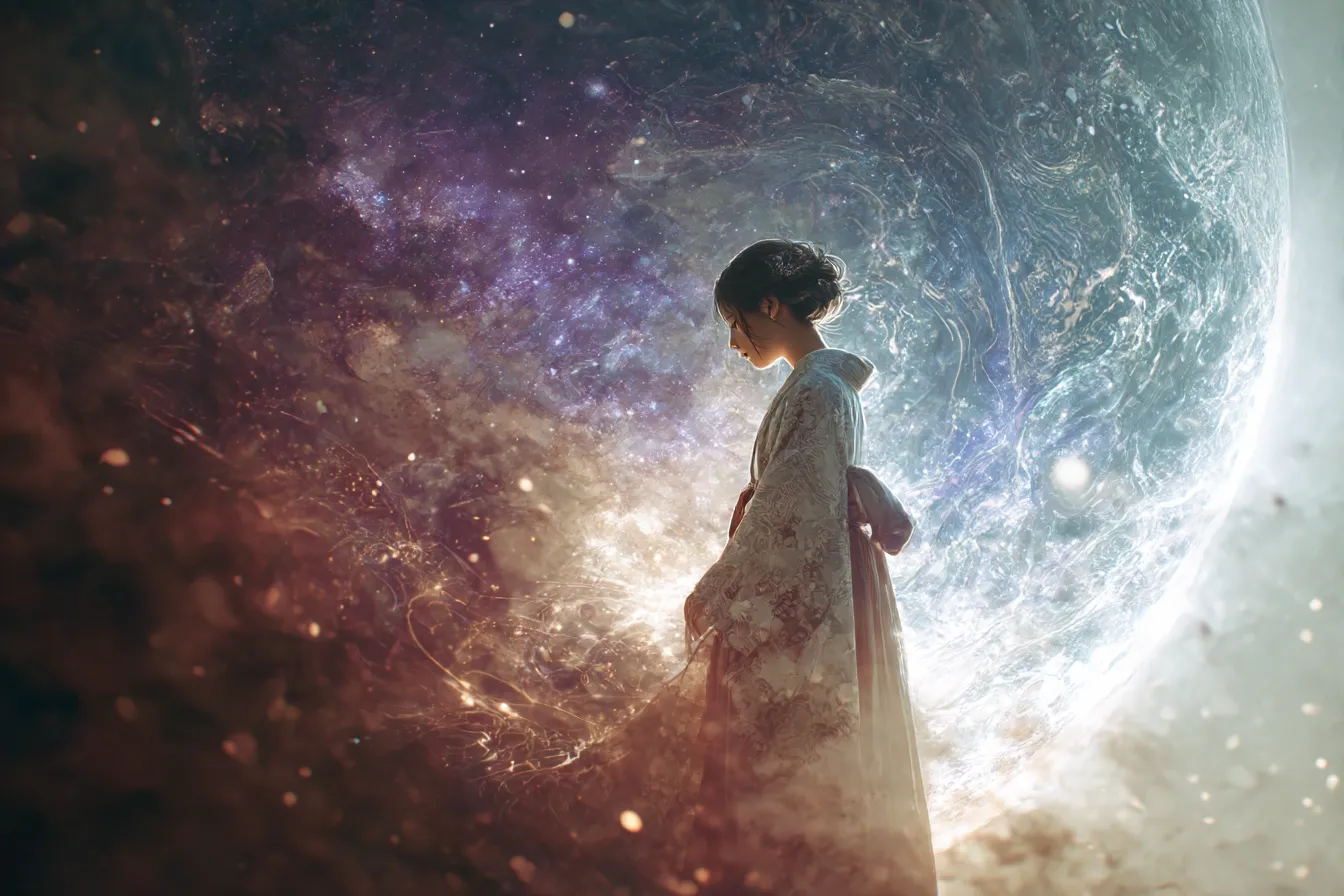 宇宙背景と着物の横顔女性｜壮大な星雲を背にした構図が神秘性を帯び、宇宙背景が和装のシルエットと対比しながら幻想的な空間美を際立たせている。