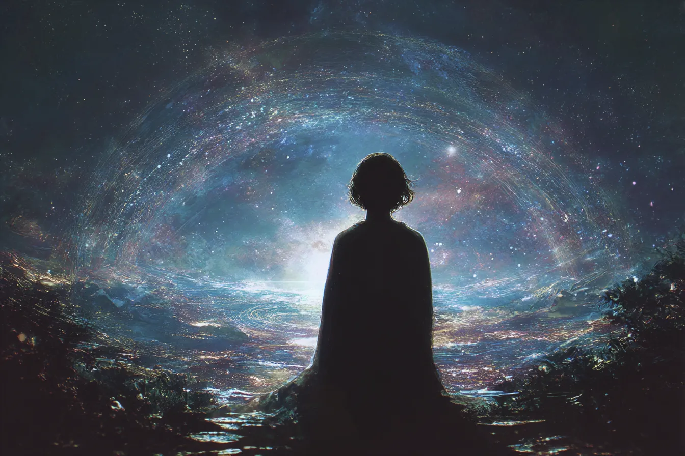 宇宙背景と見つめる後ろ姿の人物｜きらめく宇宙背景と対峙するシルエットが静けさを伴うスケール感を生み、哲学的な情緒が漂う抽象的ポートレート素材。