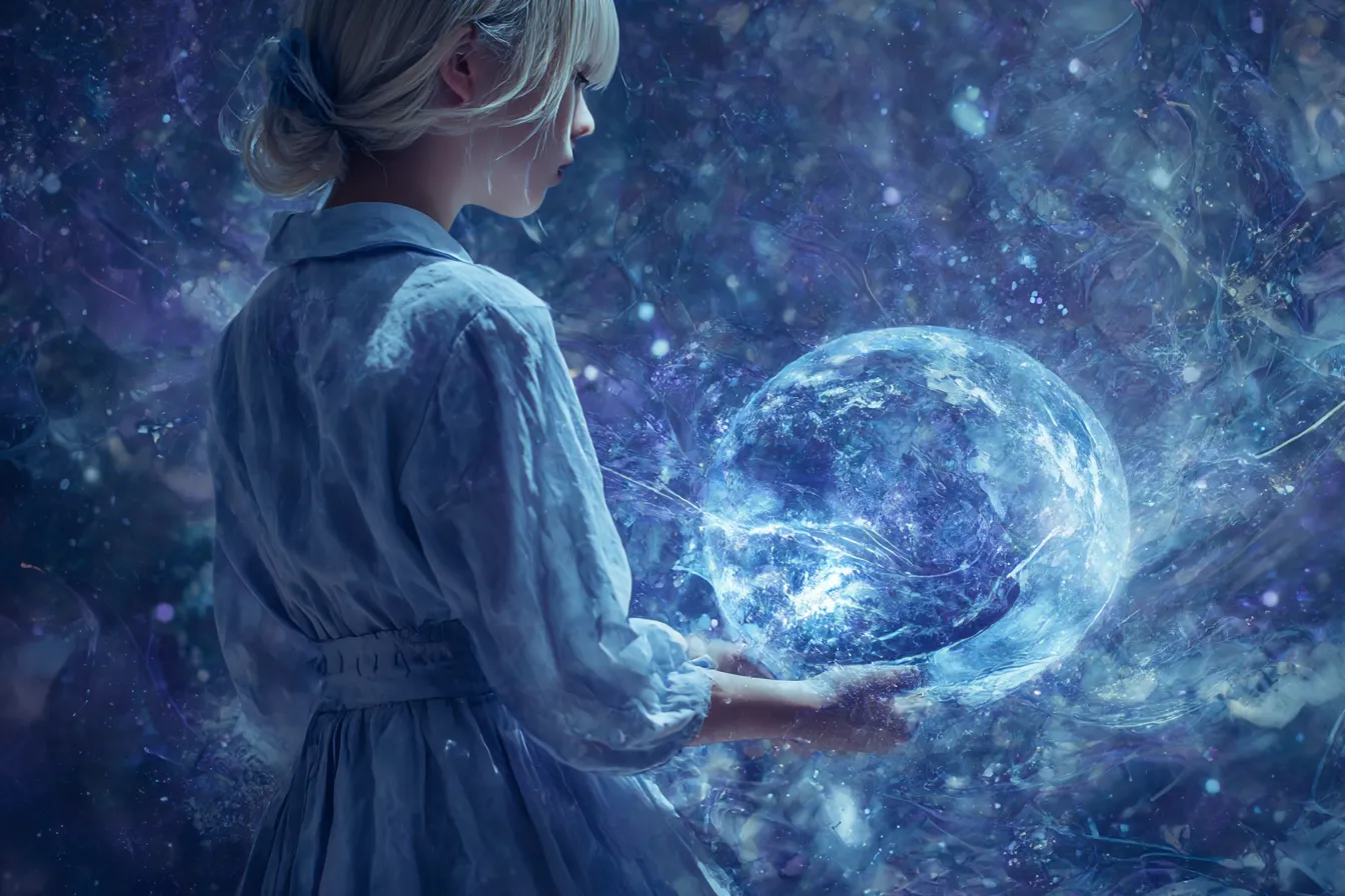 宇宙背景と惑星を抱く少女｜銀河の中で惑星を抱える少女の構図が幻想的で、宇宙背景が不思議な没入感を演出するファンタジックなビジュアルが魅力。
