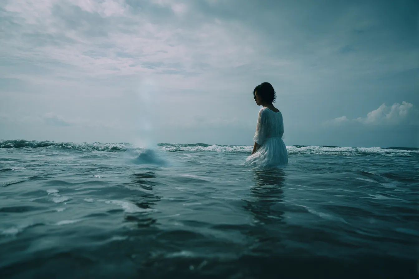 海背景と佇む白い服の女性｜波間に沈むような静寂と湿度が印象的で、海背景が孤独と詩情を滲ませるミステリアスなポートレート構成。