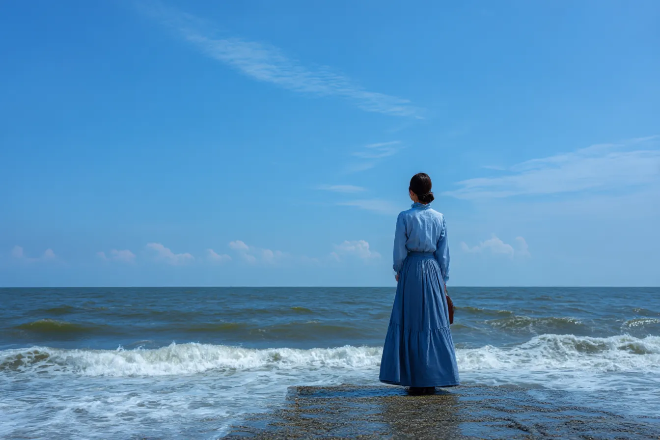 海背景と遠くを見つめる青服の女性｜水平線の抜けと雲の層が奥行きを演出し、海背景が人物の思索的な佇まいを引き立てる端正な構図となっている。