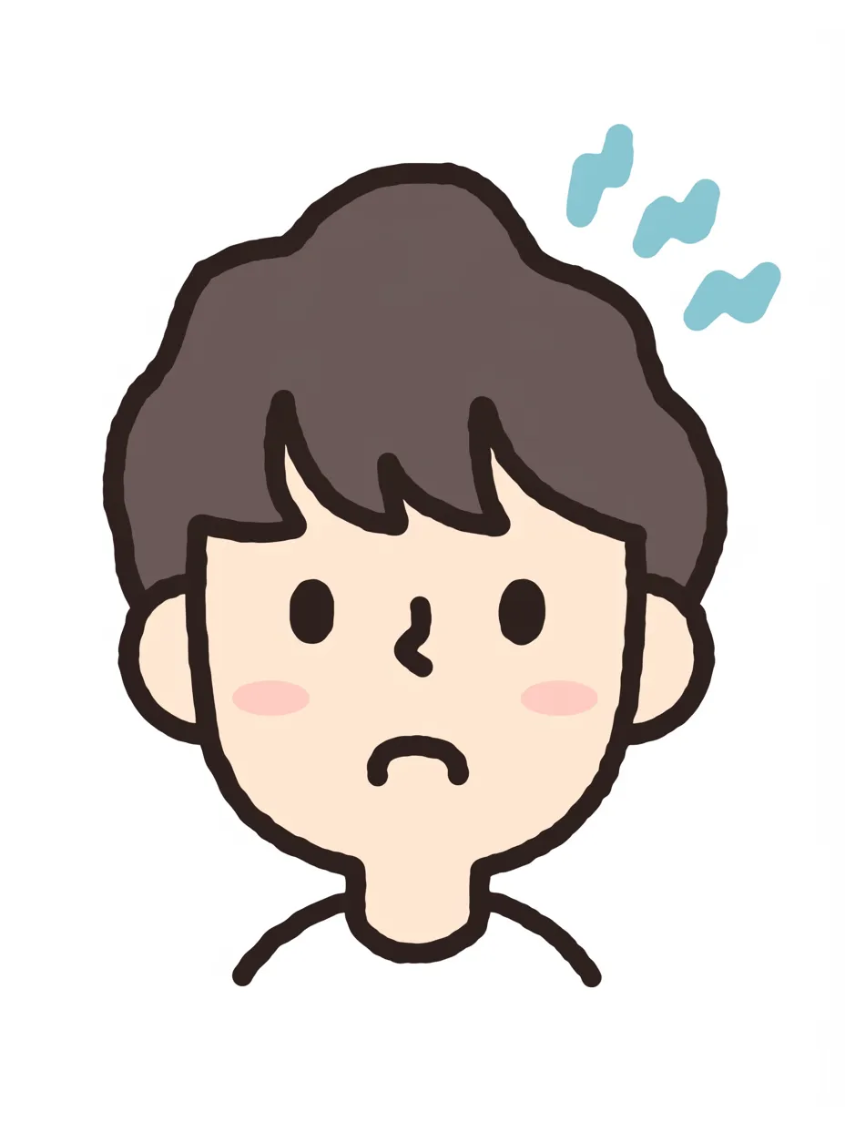 焦る顔の男の子のイラスト｜丸みのある線と淡い色使いが特徴的な、焦る表情の男の子のイラスト。頭の周りには動揺を示す波線が描かれており、シンプルながら感情が伝わりやすいデザインになっている。