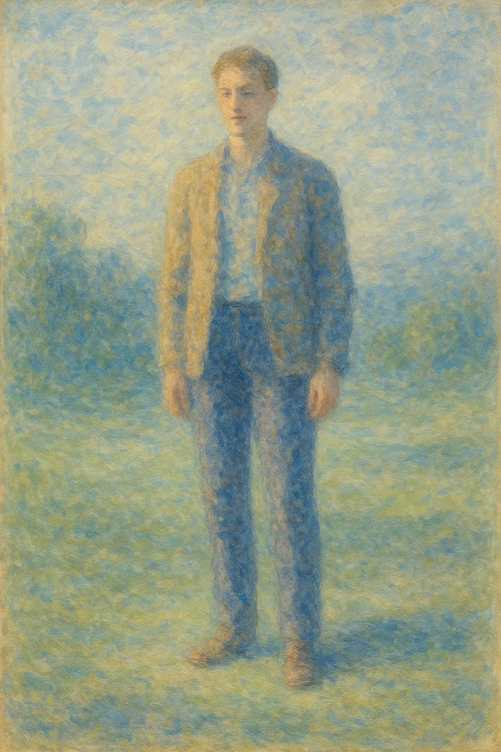 全身の印象派スタイルの絵｜柔らかな筆致で描かれた全身の印象派スタイルの絵は、光の粒子が人物を包み込み、空気感まで感じられる仕上がりです。淡い色彩が静けさと詩的な雰囲気を漂わせます。