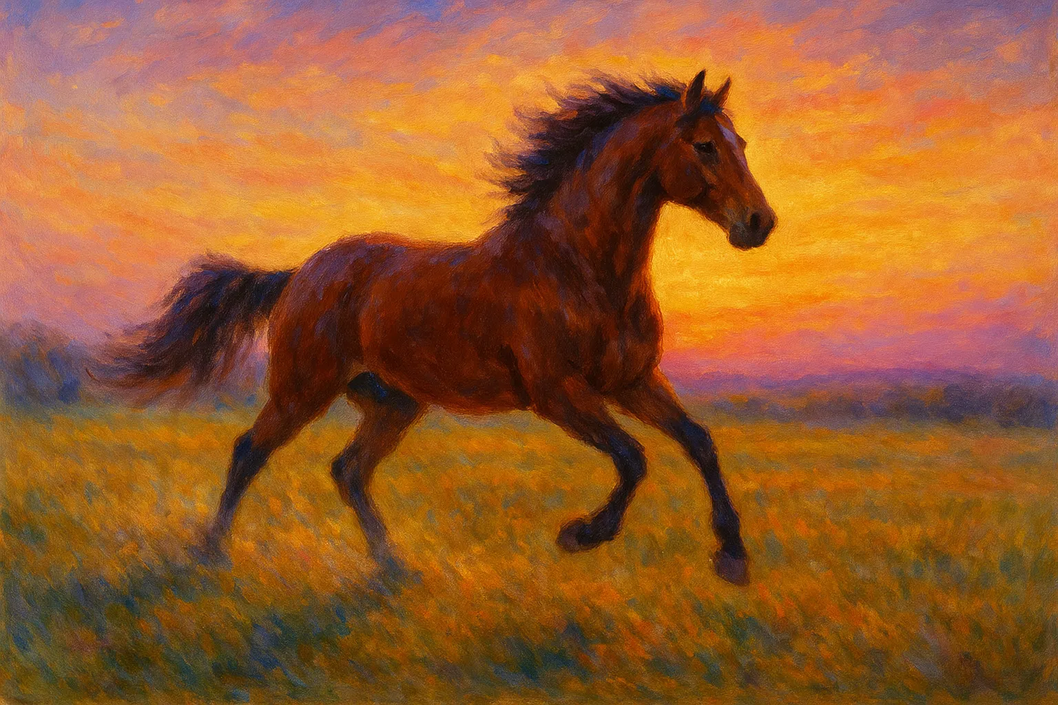 馬の印象派スタイルの絵｜夕陽の下を駆ける馬の印象派スタイルの絵は、力強い動きと風を切るような躍動感が鮮やかな色彩で表現されています。自由と情熱を感じさせる印象的な仕上がりです。
