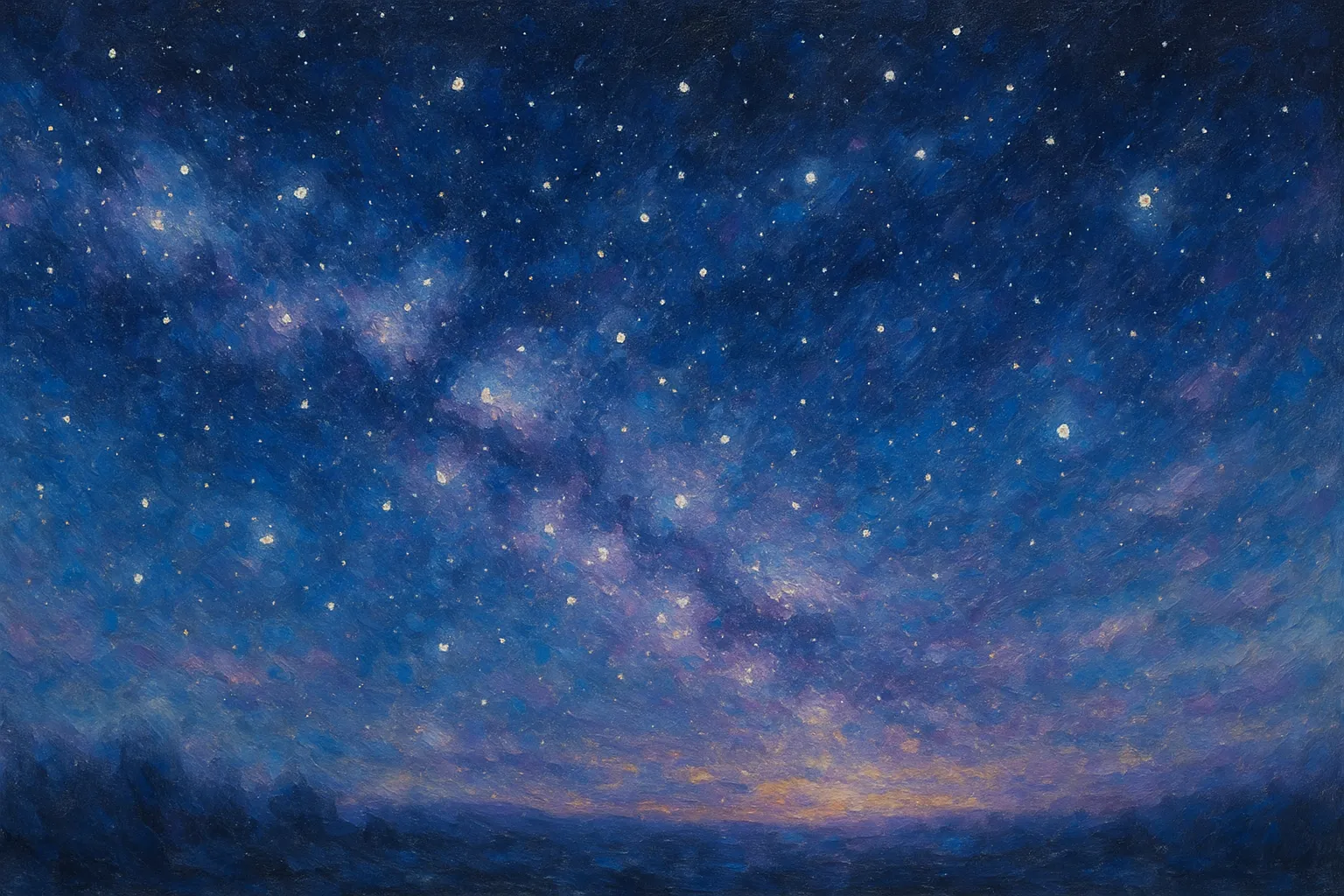 星空の印象派スタイルの絵｜鮮やかな群青に描かれた星空の印象派スタイルの絵は、天の川の光が幻想的に広がり、宇宙の神秘を感じさせる壮大な雰囲気を表現しています。