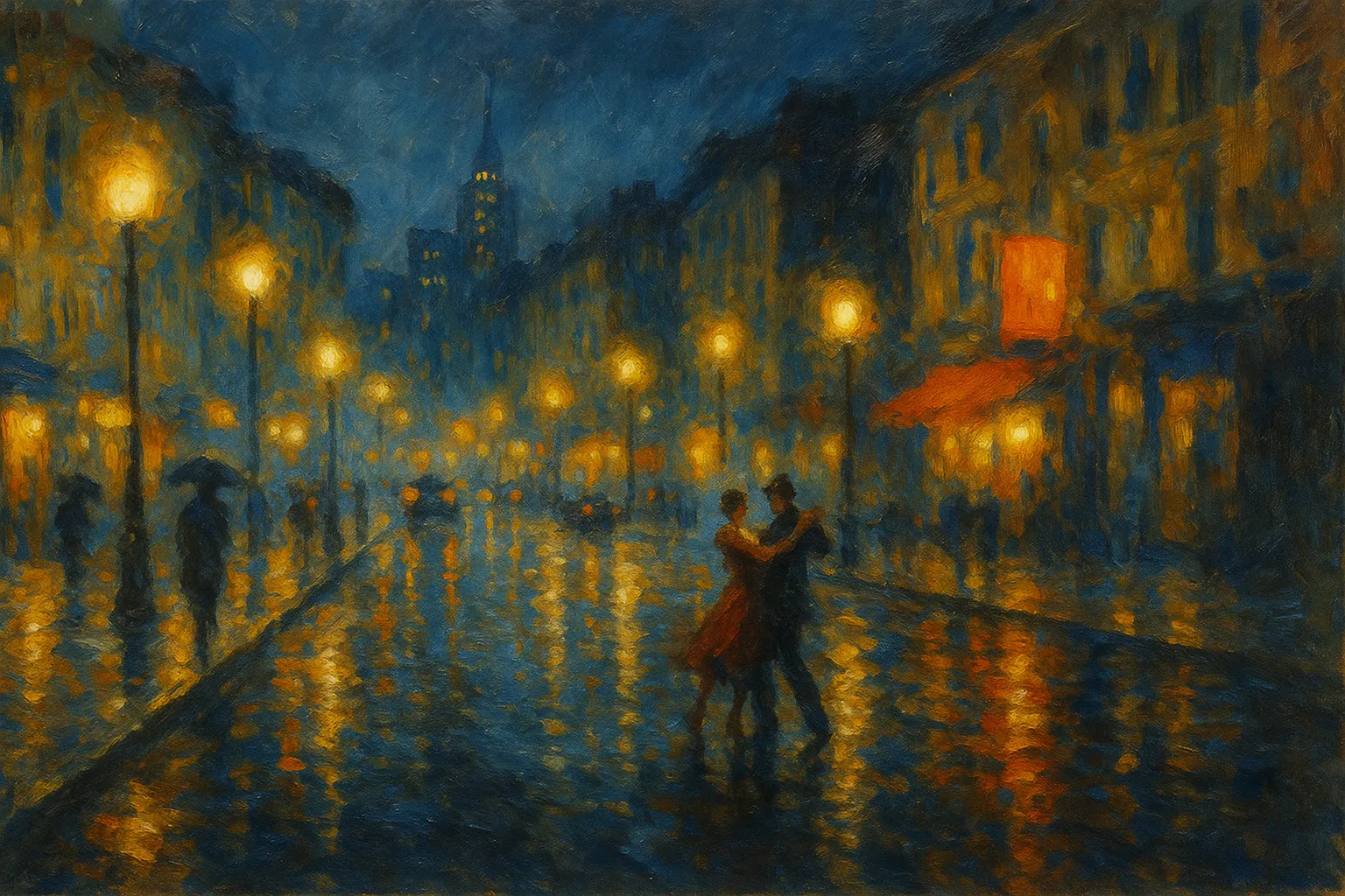 夜景の印象派スタイルの絵｜街灯の灯りと雨に濡れた路面が柔らかいタッチで描かれた夜景の印象派スタイルの絵は、幻想的な空気をまといながら人々の姿をぼんやりと浮かび上がらせ、ロマンチックで静かな雰囲気を漂わせています。
