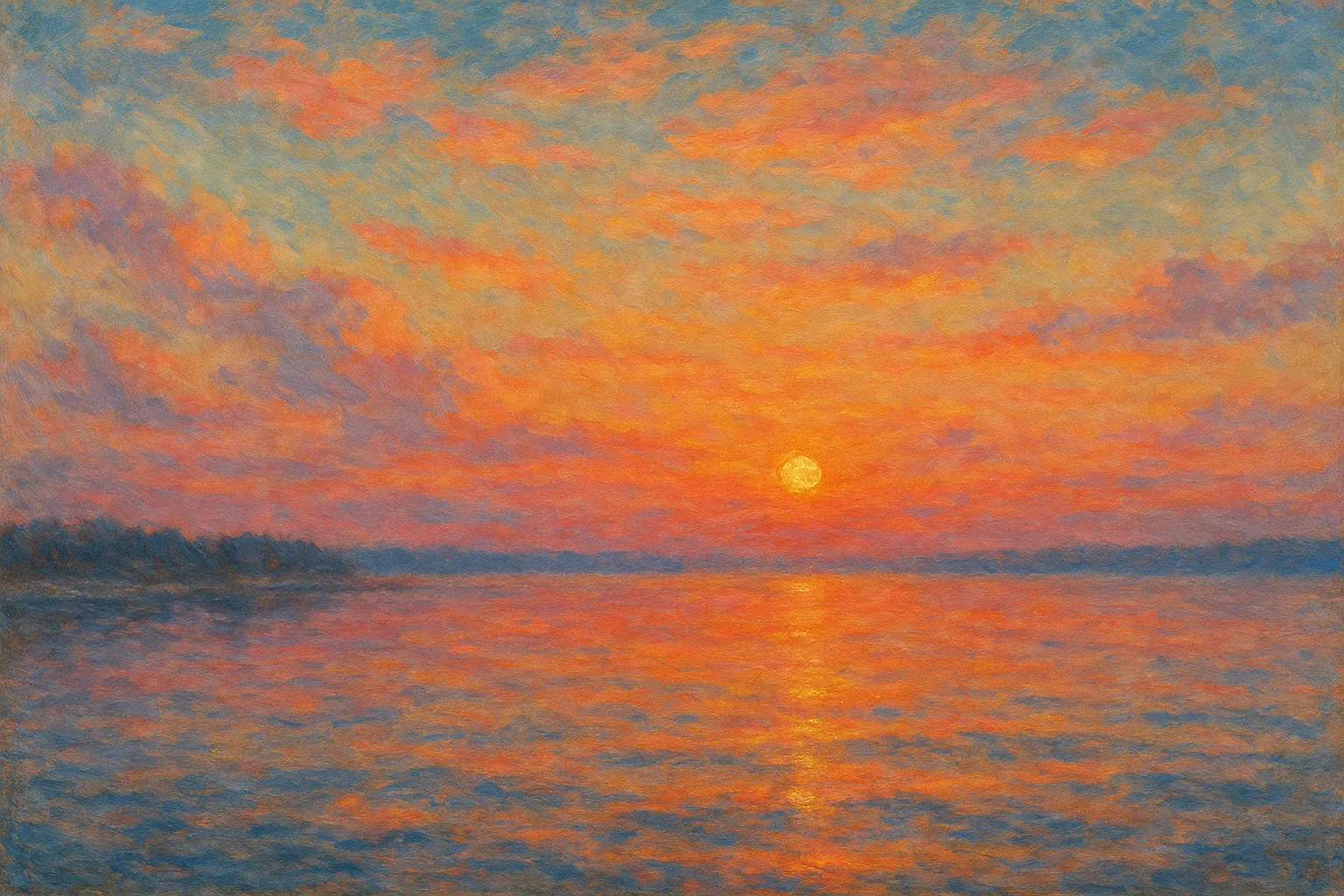 夕焼けの印象派スタイルの絵｜水平線に沈む太陽と鮮やかな空の色彩が溶け合う夕焼けの印象派スタイルの絵は、暖かな光と柔らかな筆致が一体となり、見る人に穏やかな余韻と詩的な感情を与えてくれます。