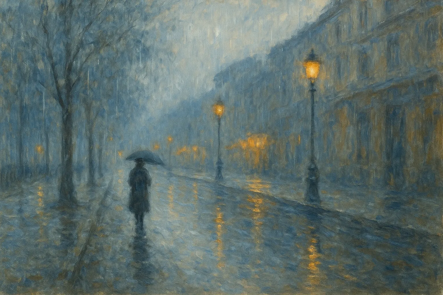 雨の印象派スタイルの絵｜しとしと降る雨と濡れた街並みが淡く滲む雨の印象派スタイルの絵は、光と影の繊細なコントラストが寂しげでありながらも情緒的で、静かな時間の流れを感じさせます。