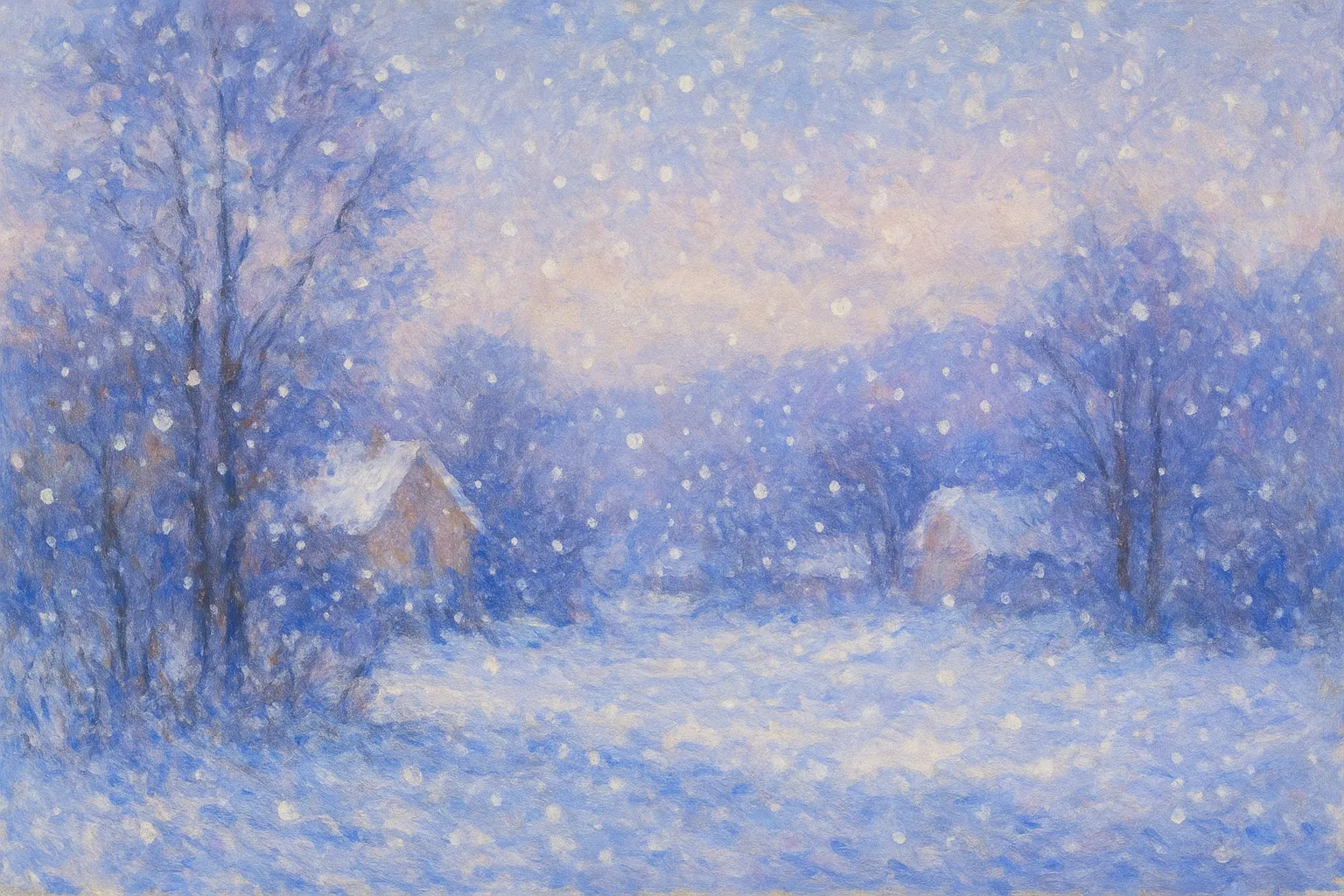 雪の印象派スタイルの絵｜大粒の雪が舞い降り、家々や木々を覆う景色を柔らかい筆致で描いた雪の印象派スタイルの絵は、冷たさの中に優しい静けさを宿し、幻想的で心を和ませる情景を表現しています。