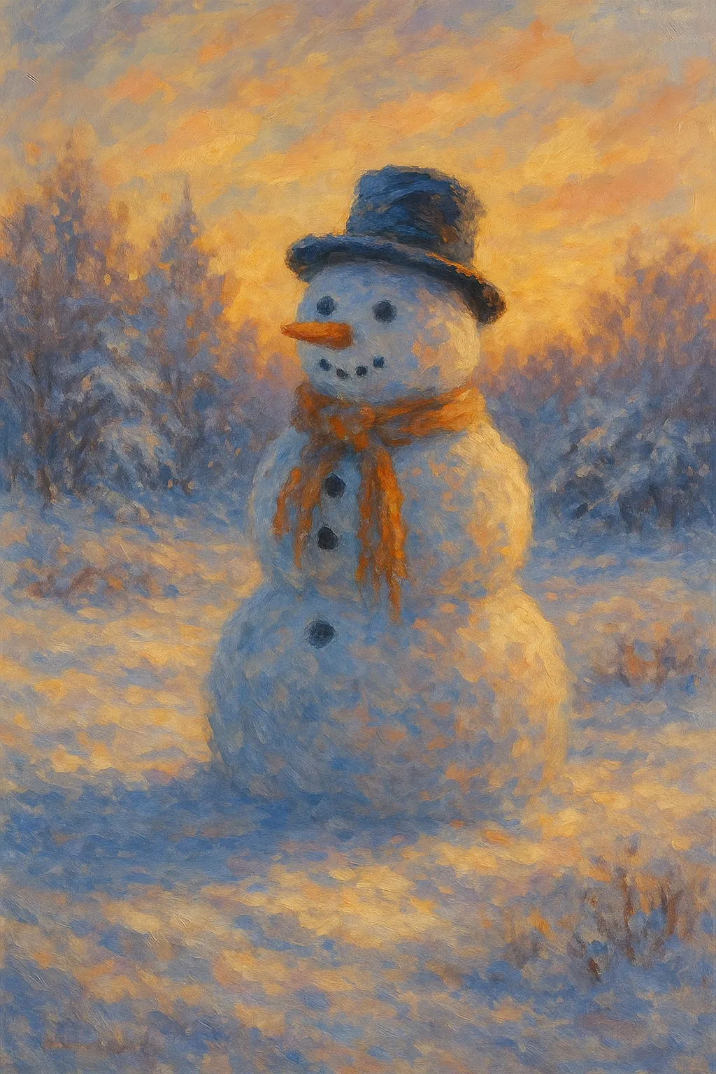 雪だるまの印象派スタイルの絵｜夕暮れの光を浴びて柔らかな陰影をまとった雪だるまの印象派スタイルの絵は、温かさと冬の静けさを同時に感じさせ、優しい筆致で微笑ましい雰囲気を漂わせています。