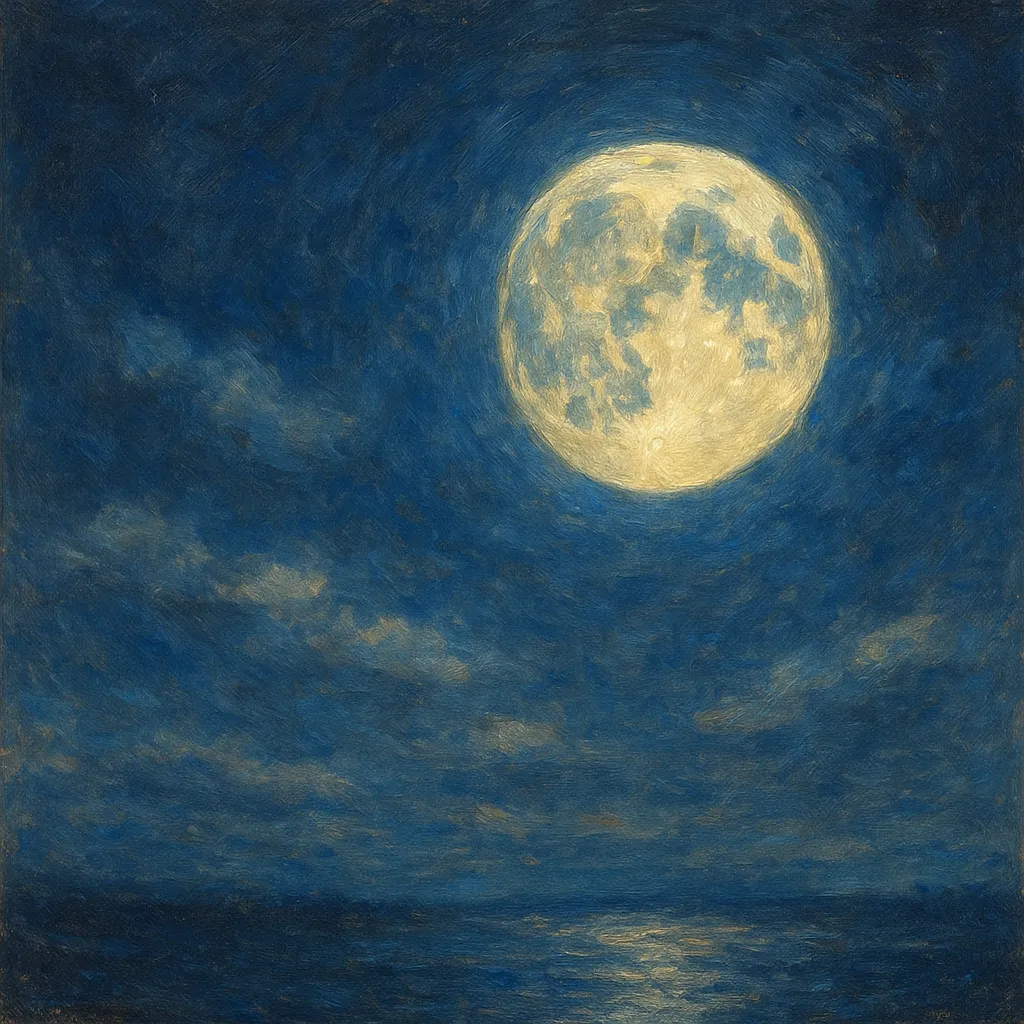 月の印象派スタイルの絵｜夜空に大きく輝く月を描いた月の印象派スタイルの絵は、濃紺の空と柔らかい光が織りなす幻想的な空気を漂わせ、静謐で神秘的な世界観を表現しています。