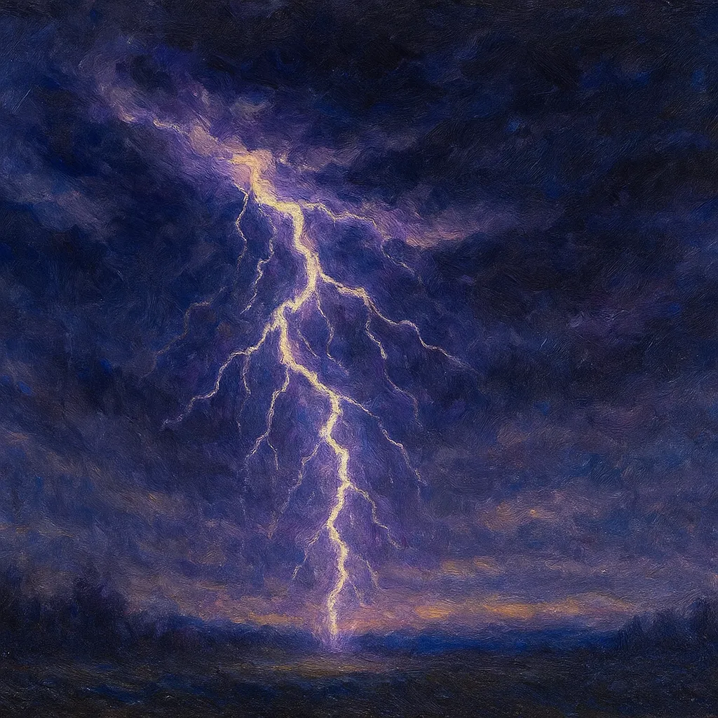雷の印象派スタイルの絵｜暗い夜空を切り裂く稲妻を鮮烈に描いた雷の印象派スタイルの絵は、紫と光の対比が迫力を生み、自然の力強さと一瞬の劇的な美しさを印象的に表現しています。