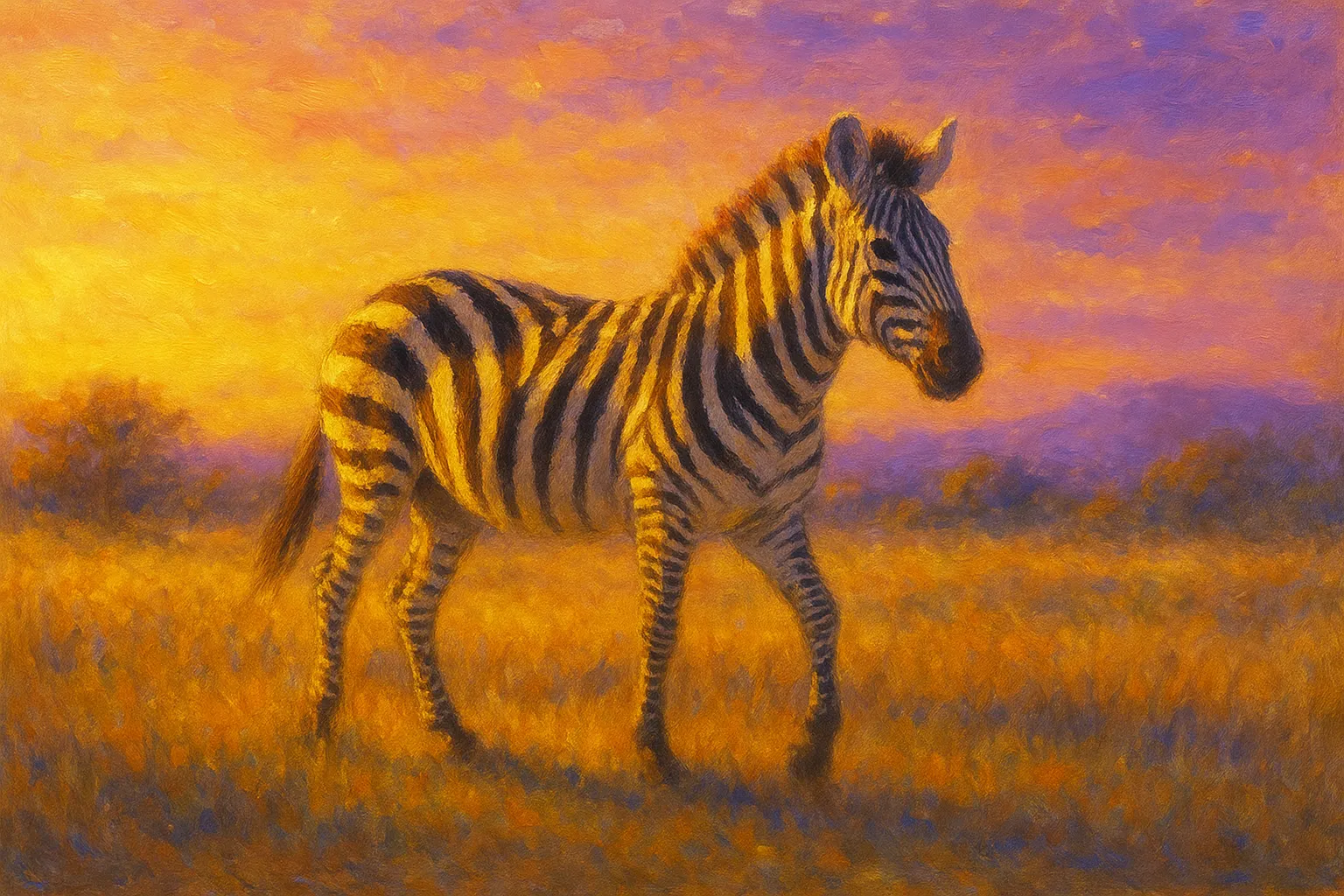 シマウマの印象派スタイルの絵｜夕陽を背景に歩むシマウマの印象派スタイルの絵は、鮮やかなオレンジと紫の空に縞模様が映え、幻想的で力強い存在感を放っています。筆触の粒感が大地の温度を伝えます。