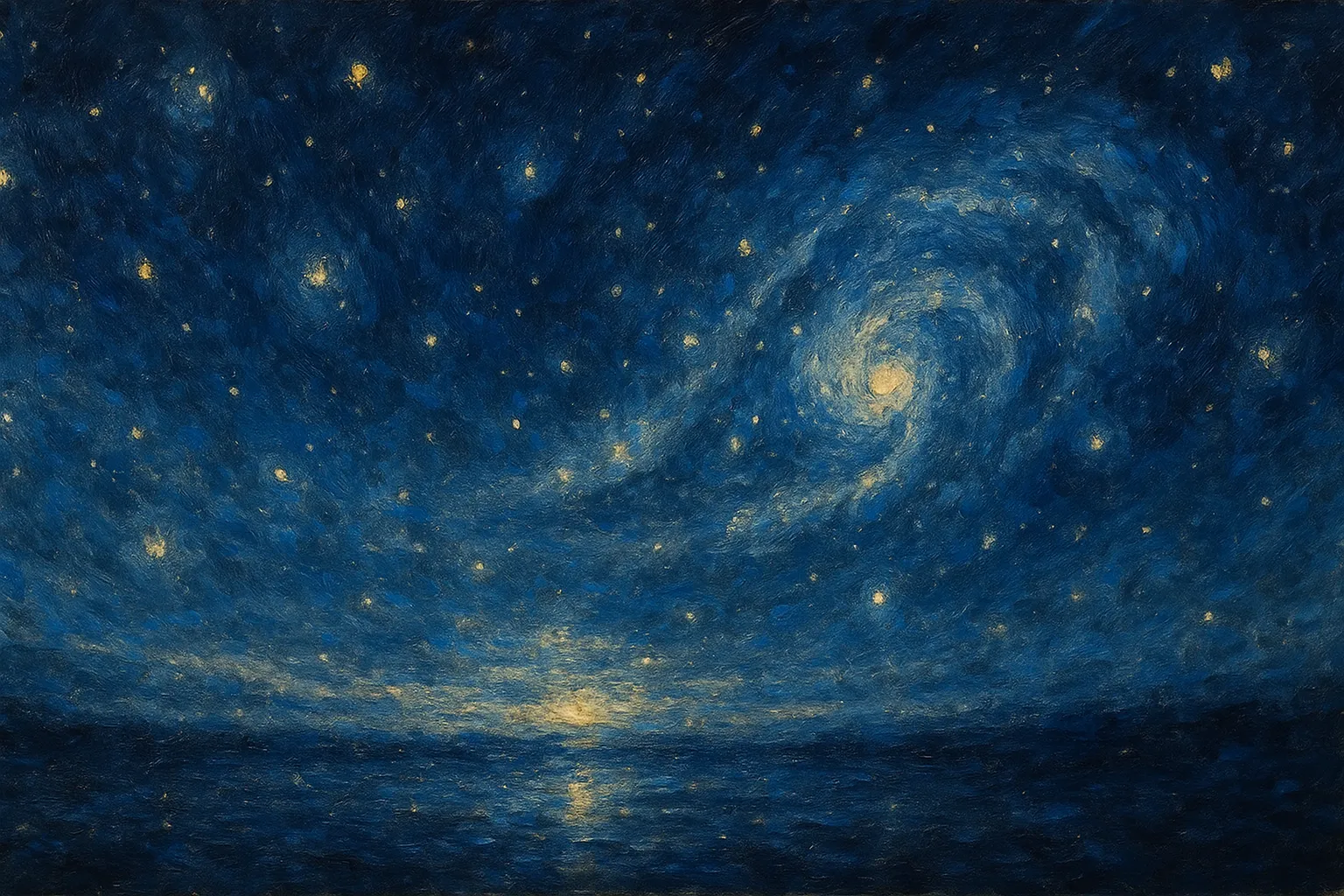 宇宙の印象派スタイルの絵｜無数の星が渦を巻くように広がる宇宙の印象派スタイルの絵は、深い青と煌めく光が幻想的に交わり、果てしない広がりと神秘をやわらかい筆致で描き出しています。