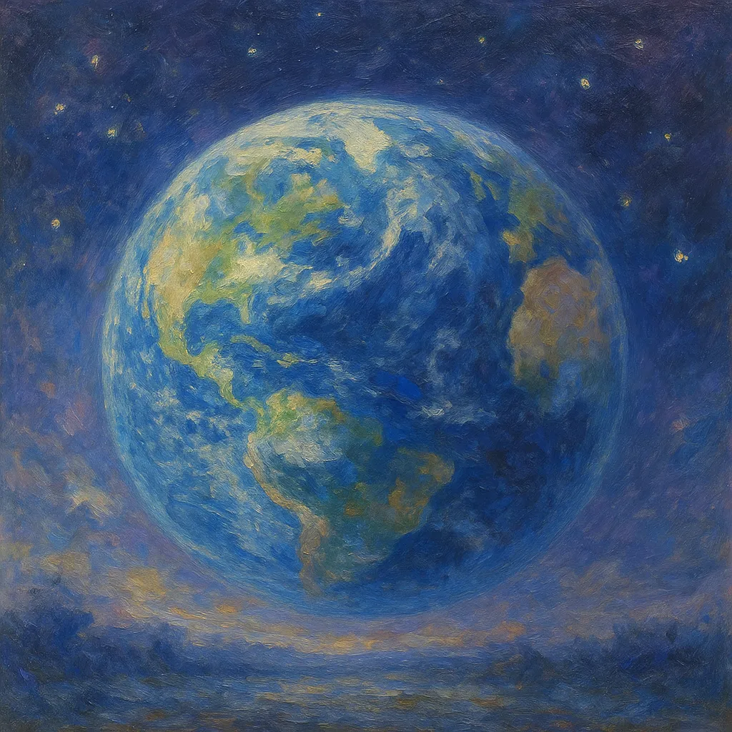 地球の印象派スタイルの絵｜宇宙空間に浮かぶ青い地球を描いた地球の印象派スタイルの絵は、鮮やかな色彩と柔らかなタッチで命の惑星の美しさを表現し、神秘と温もりを同時に感じさせます。