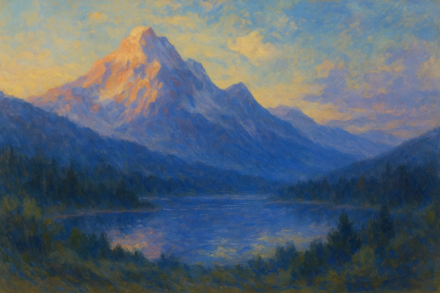 山の印象派スタイルの絵｜朝日に照らされる頂を鮮やかに描いた山の印象派スタイルの絵は、穏やかな筆致で雄大さと静けさを両立させ、自然の壮大さを優雅に伝えています。