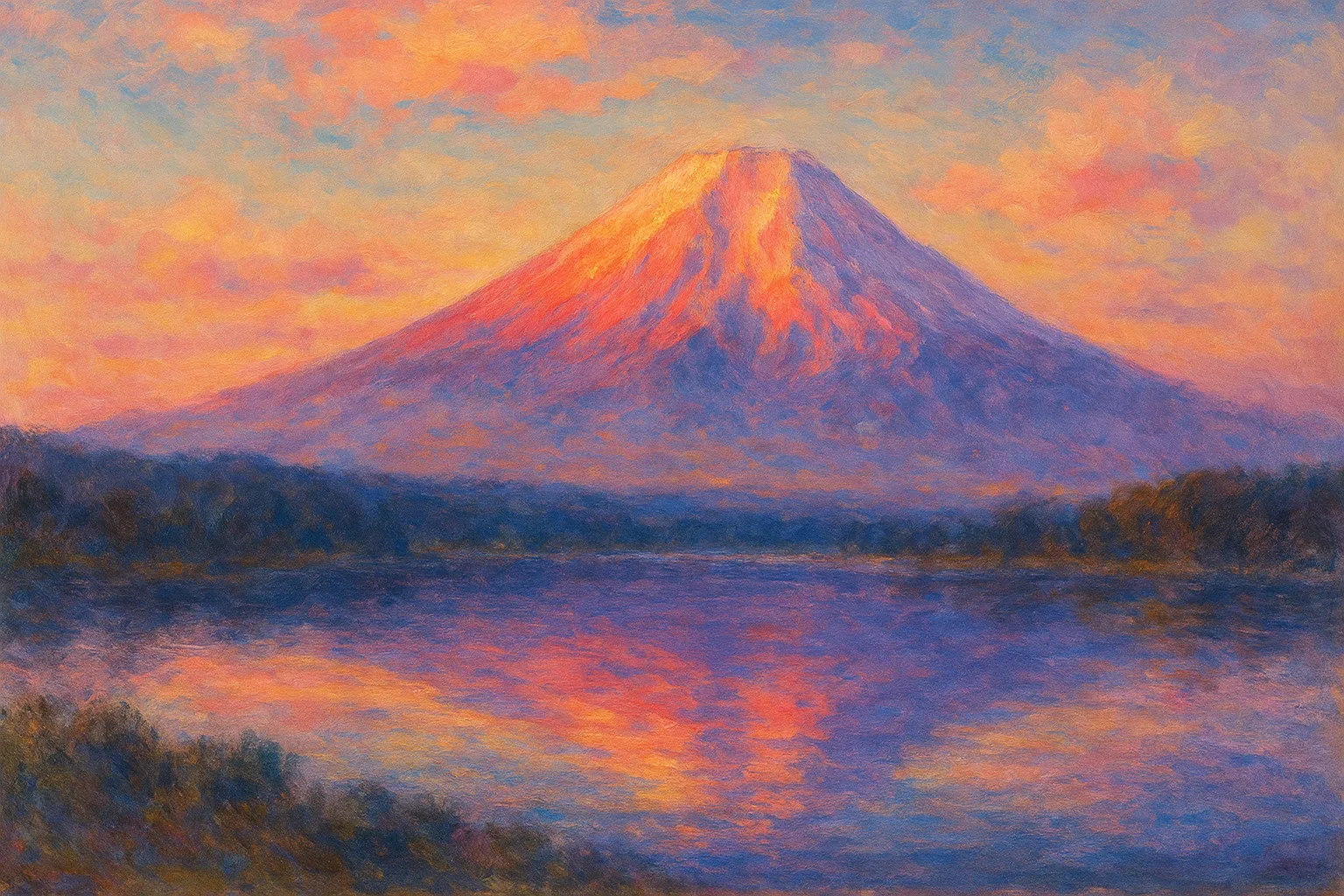 富士山の印象派スタイルの絵｜夕焼けに染まる空を背景に映える富士山の印象派スタイルの絵は、紅や紫の色彩が水面に映り込み、荘厳で幻想的な雰囲気を豊かに表現しています。