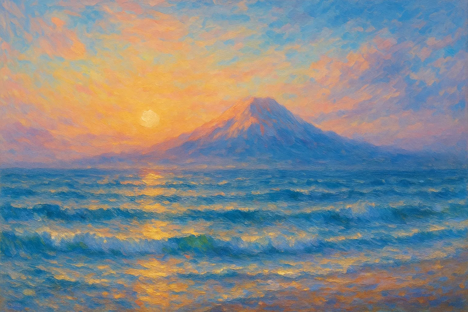 海の印象派スタイルの絵｜水平線に沈む太陽と柔らかな波を描いた海の印象派スタイルの絵は、揺らめく光と色彩の調和が穏やかな情景を生み出し、心に安らぎを与えます。