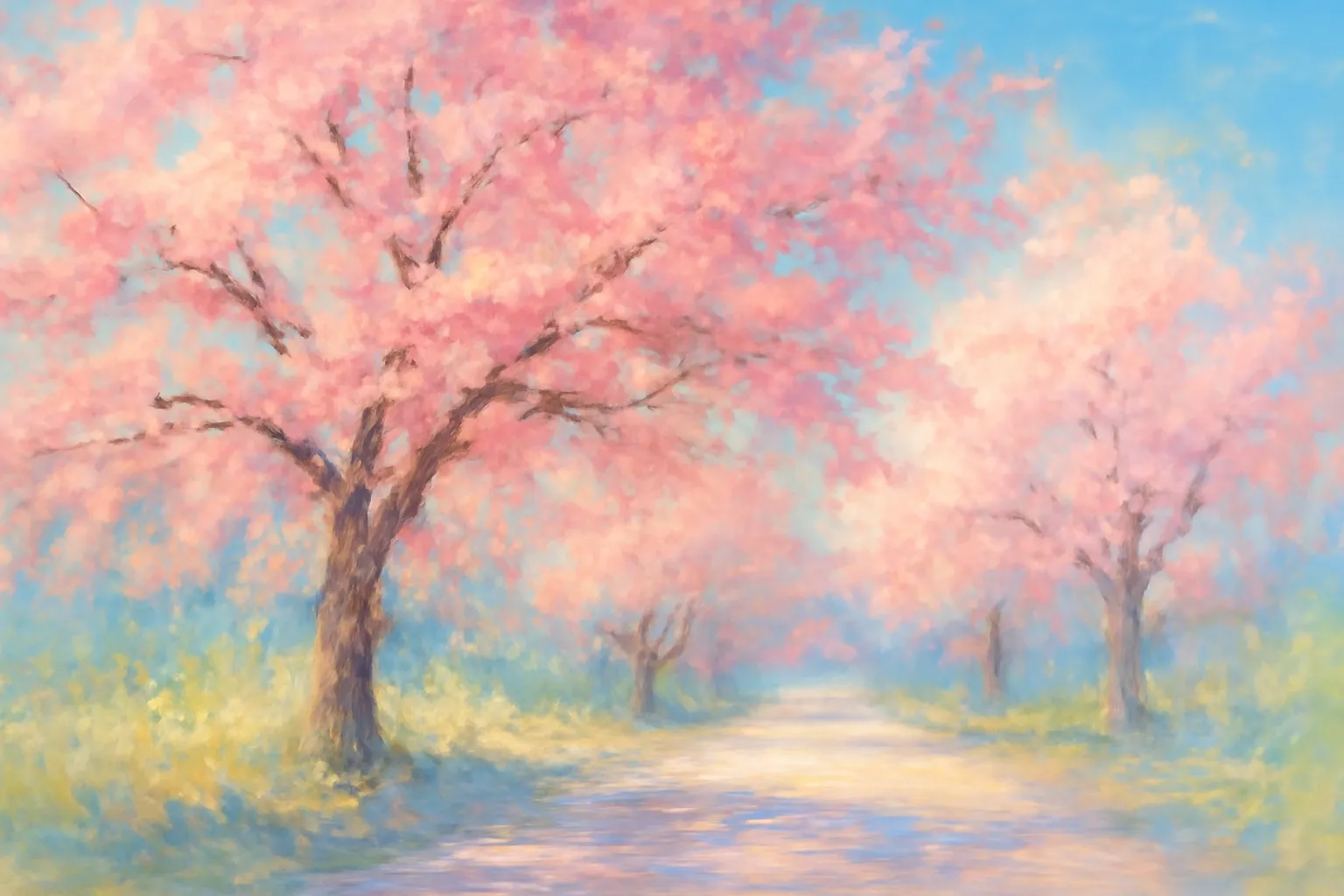 桜の印象派スタイルの絵｜淡い光に包まれた桜並木が続く情景で、花びらが舞い散るような柔らかい筆致が印象的です。印象派スタイルの絵ならではの霞んだ色彩が、春の空気の軽やかさを心地よく伝えています。