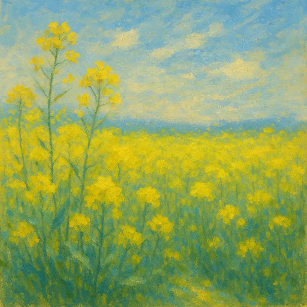 菜の花の印象派スタイルの絵｜青空の下に広がる一面の菜の花畑が、光を含むような筆致で明るく描かれています。印象派スタイルの絵らしい淡いタッチが、春の解放感と活気を爽やかに伝えています。