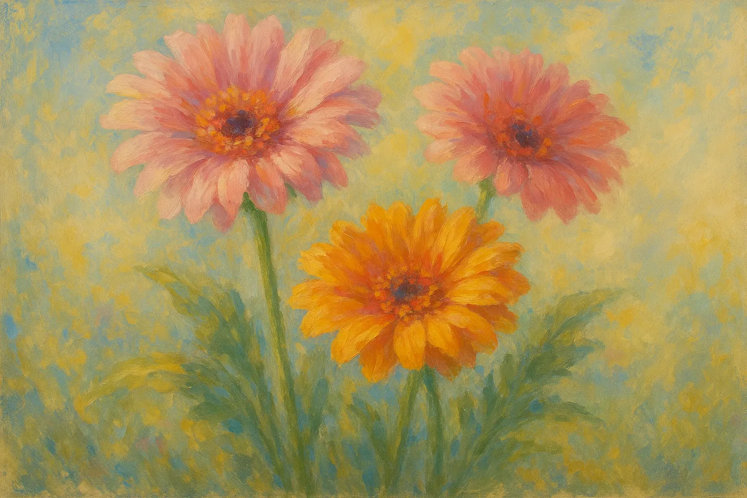 ガーベラ印象派スタイルの絵｜大輪の花びらが印象的なガーベラ印象派スタイルの絵は、光を受けて輝く明るさが心を弾ませます。鮮明な色合いが花の凛とした美しさを際立たせ、やわらかな背景の中で存在感を強く放っています。