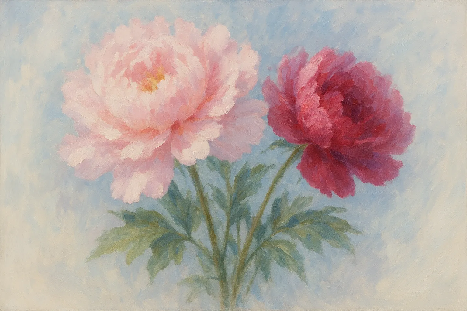 牡丹の印象派スタイルの絵｜柔らかく重なる花びらが光をまとい、牡丹の印象派スタイルの絵として大輪の存在感を優雅に表現しています。淡い背景との調和が穏やかな空気を漂わせます。