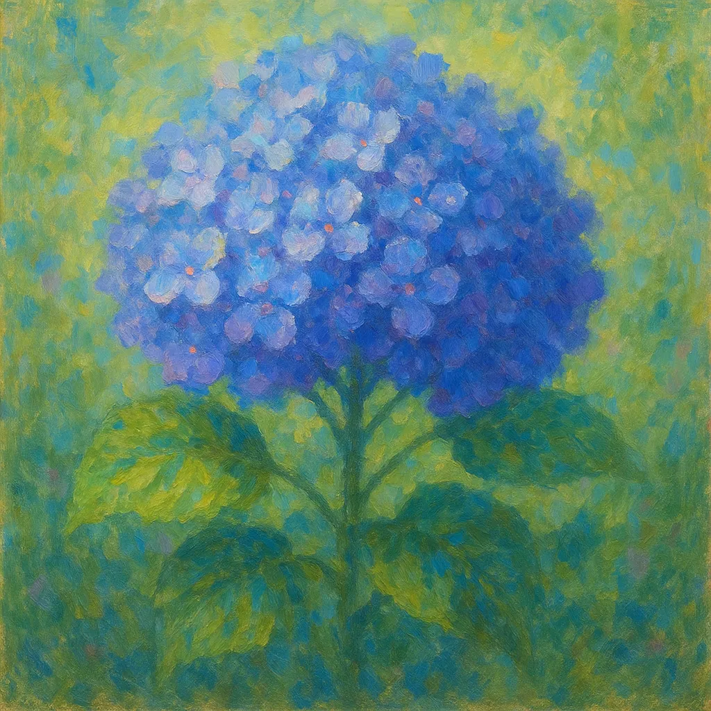 紫陽花の印象派スタイルの絵｜涼やかな青が広がる紫陽花の印象派スタイルの絵は、小さな花々が集まることで生まれる調和と奥行きが、雨上がりの静かな時間を想起させます。