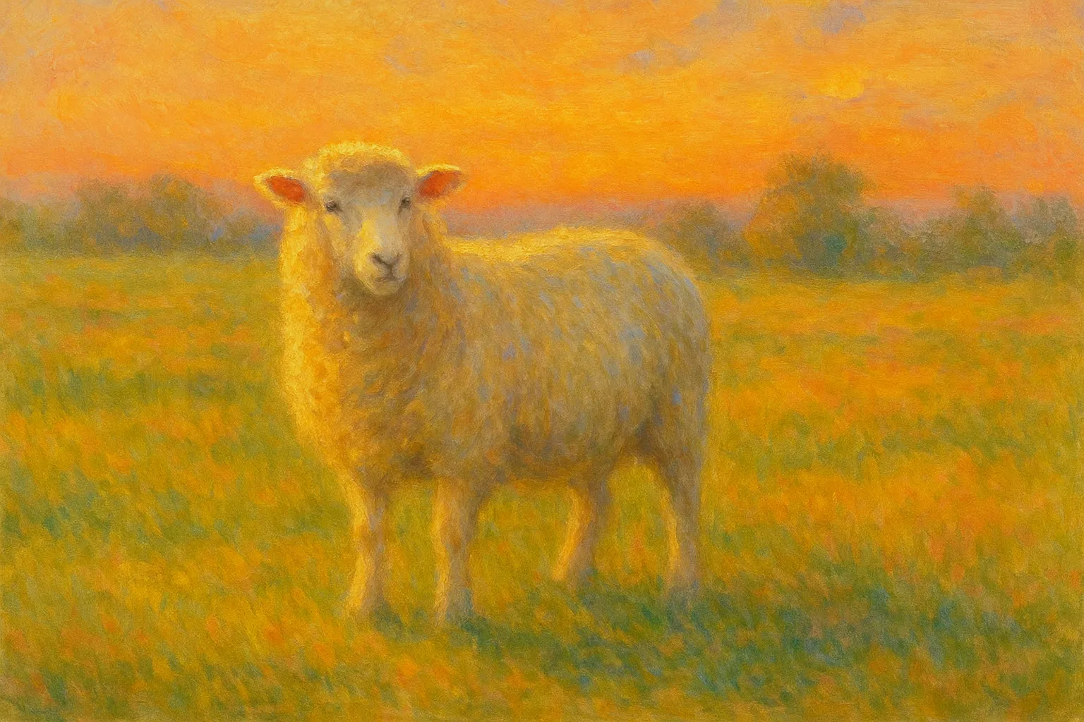 羊の印象派スタイルの絵｜黄金色の草原に佇む羊の印象派スタイルの絵は、柔らかな毛並みが光を受けて輝き、優しさと温もりを表現しています。点描的な色の揺らぎが牧歌的な雰囲気を醸し出します。