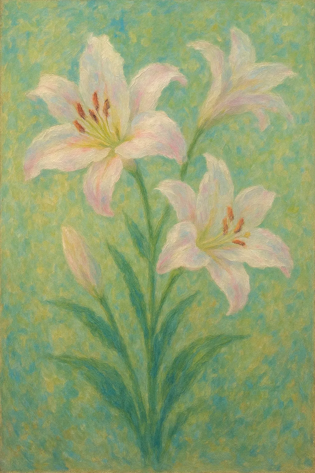 ユリの印象派スタイルの絵｜白く繊細な花弁が美しいユリの印象派スタイルの絵は、背景の淡い色調と溶け合いながら清らかな存在感を放ち、凛とした静けさを感じさせます。
