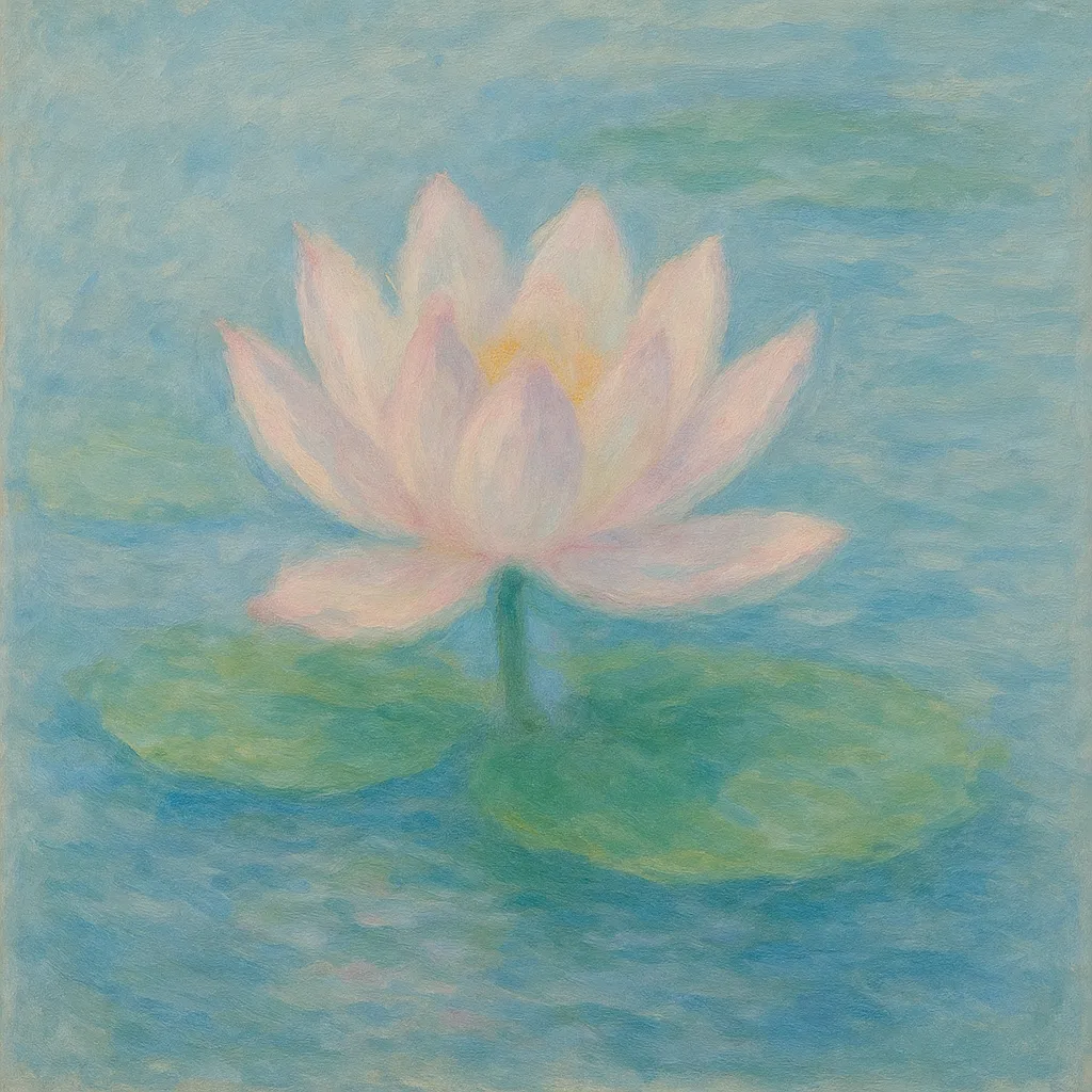 蓮の印象派スタイルの絵｜水面に浮かぶ蓮の花が柔らかな光に包まれ、静けさと気品を漂わせています。印象派スタイルの絵ならではの淡い色彩が、清らかで神秘的な雰囲気を引き出しています。
