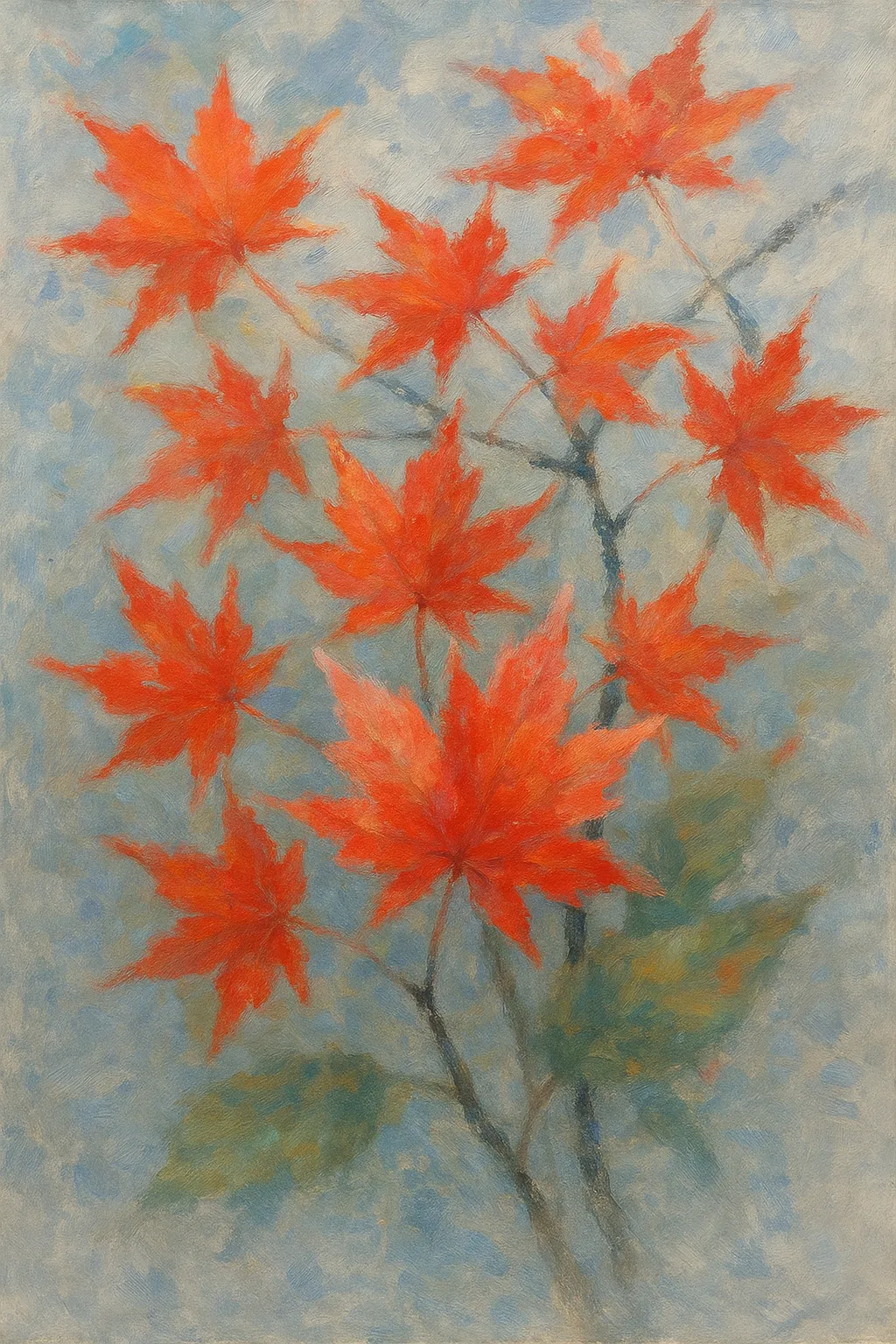 紅葉の印象派スタイルの絵｜真っ赤に染まった紅葉が枝いっぱいに広がり、秋の鮮やかさを感じさせます。印象派スタイルの絵の繊細な筆致が、澄んだ空気と季節の深まりを鮮やかに表現しています。