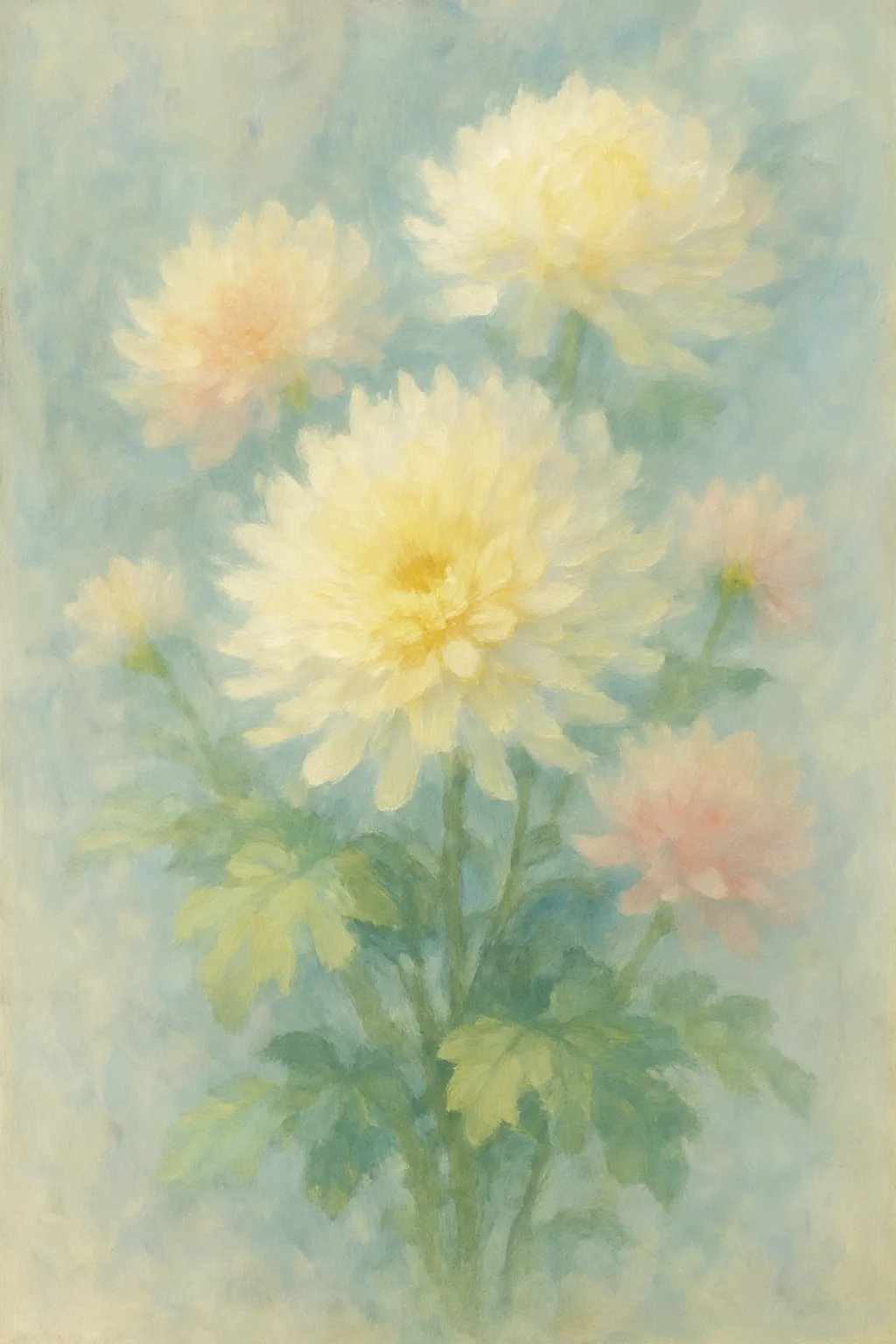 菊の印象派スタイルの絵｜柔らかな黄色と白が溶け合う菊が印象派スタイルの絵として淡く重ねられ、光に透ける花弁が浮かぶように映えています。穏やかで温かな筆致が秋の空気を優しく包み込むように感じられます。