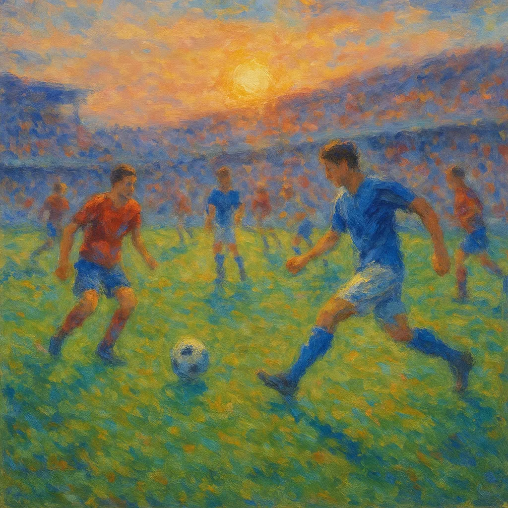 サッカーの印象派スタイルの絵｜夕暮れの光に包まれたスタジアムでサッカーが印象派スタイルの絵として力強く描かれています。点描の筆遣いが動きと躍動感を強調し、試合の熱気を鮮やかに伝えます。