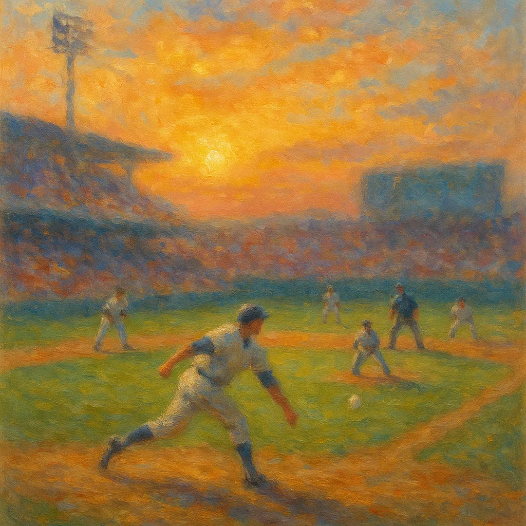 野球の印象派スタイルの絵｜赤みがかった夕陽の下で繰り広げられる野球が印象派スタイルの絵で再現されています。温かな光と柔らかな色調が球場全体を包み、緊張感と情熱が溶け合っています。