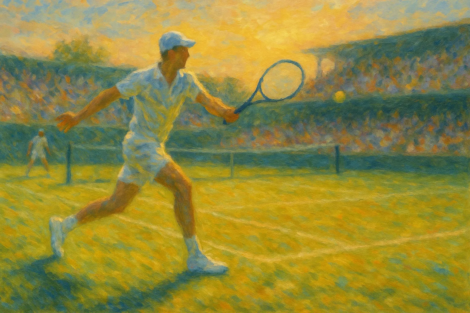 テニスの印象派スタイルの絵｜黄金色の夕陽を浴びながらプレーするテニスの姿が印象派スタイルの絵で描かれています。光の粒が芝生やユニフォームに散りばめられ、臨場感と爽やかな緊張感が伝わります。