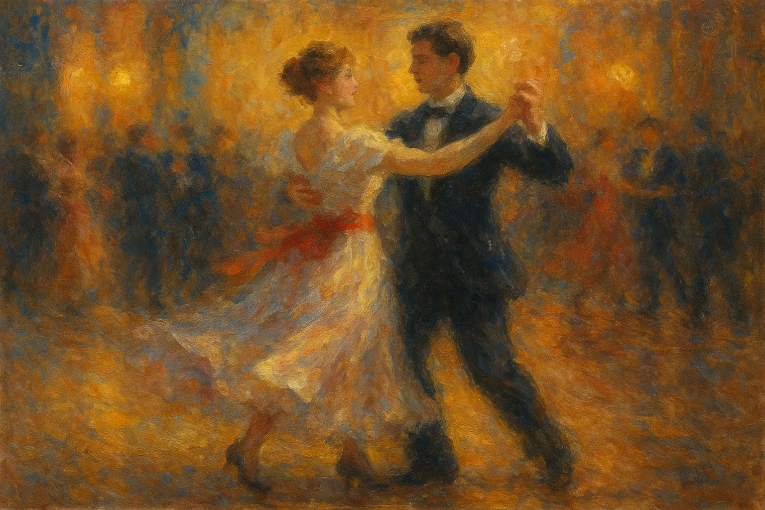 ダンスの印象派スタイルの絵｜華やかな照明のもとで踊るカップルのダンスが印象派スタイルの絵として描かれています。流れるドレスの動きや柔らかな色彩が、優雅でロマンティックな雰囲気を強調しています。