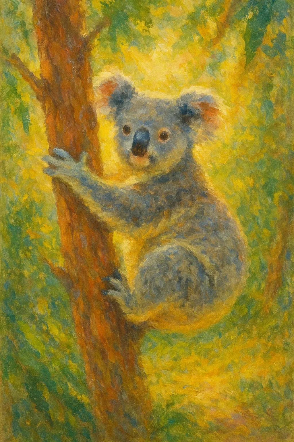 コアラの印象派スタイルの絵｜木に抱きつくコアラの印象派スタイルの絵は、黄緑の光が差し込む背景と柔らかな筆致で描かれ、愛らしさと自然の温もりが調和した穏やかな雰囲気を漂わせています。